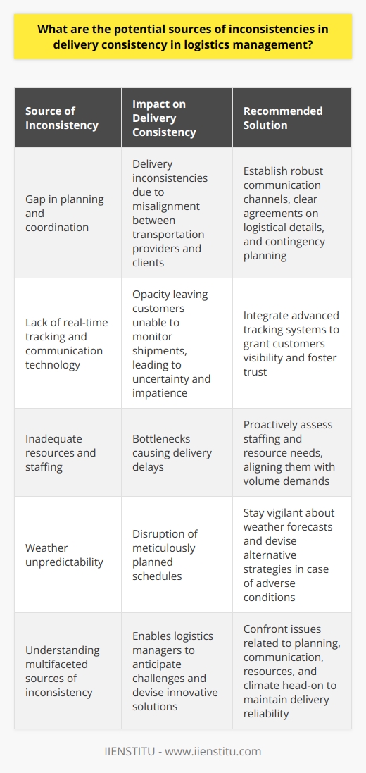 Logistics managers play a crucial role in orchestrating the seamless transit of goods from suppliers to consumers. However, variants in delivery consistency can severely impact the supply chain, leading to customer dissatisfaction and logistical nightmares. In this article, we delve into the intricacies of logistics management, shining a light on the lesser-known sources of inconsistency that can disrupt delivery precision.In the domain of logistics, effective planning and coordination are the linchpins holding operations together. A gap in this area, particularly between transportation providers and clients, often sets the stage for delivery inconsistencies. To mitigate such scenarios, both parties involved should establish robust communication channels, clear agreements on logistical details, and contingency planning. This alignment forms the bedrock of reliable delivery systems.Another critical aspect often overlooked is the integration of real-time tracking and communication technology. The absence of these systems leaves customers in the dark, unable to monitor their shipments. This opacity can seed uncertainty and impatience, culminating in a tainted customer experience. Leveraging advanced tracking systems grants customers visibility and engenders trust, thus fostering a consistent delivery experience.A less conspicuous but equally significant factor is the adequacy of resources and staffing. When a logistics provider is under-resourced, it strains the system, causing bottlenecks that often result in delivery delays. Proactive assessment of staffing and resource needs, aligned with the volume demands, can significantly reduce such inconsistencies.The whims of nature can never be underestimated in their capacity to introduce inconsistency into logistics. Weather unpredictability stands as a formidable challenge, capable of thwarting even the most meticulously planned schedules. Logistics managers who stay vigilant about weather forecasts and proactively devise alternative strategies can effectively diminish the impact of adverse conditions on delivery timelines.Understanding these multifaceted and often nuanced sources of inconsistency enables logistics managers to anticipate challenges and arm themselves with innovative solutions. By confronting issues related to planning, communication, resources, and climate head-on, the continuity and reliability of the delivery process can be maintained. This meticulous approach is what sets apart a proficient logistics manager, ensuring customer contentment and sustaining the rhythmic flow of the supply chain.