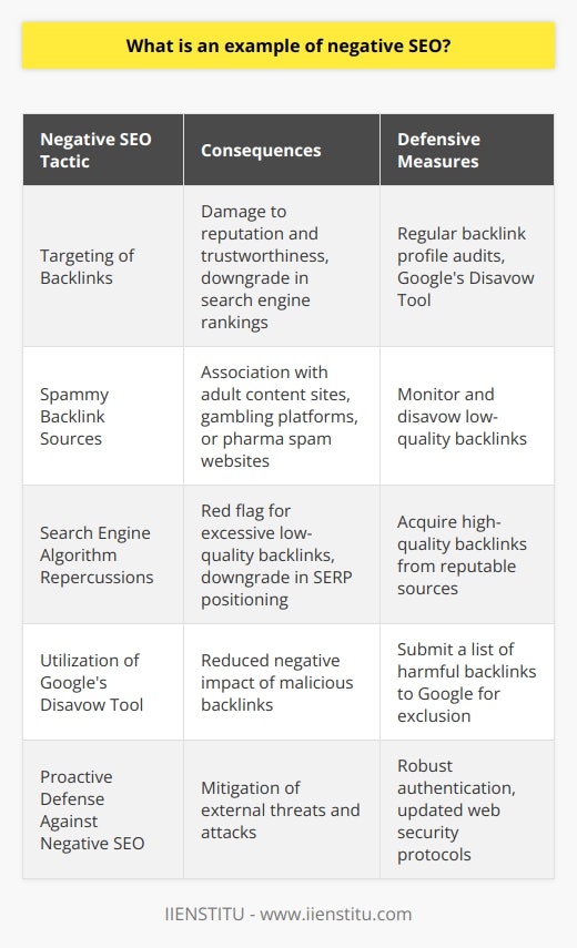 Negative SEO Example: The Targeting of BacklinksNegative SEO constitutes a set of malicious activities aimed at harming the search engine rankings of a competitor's website. One prominent example of negative SEO involves the intentional construction of spammy backlinks to a competitor’s site.The Proliferation of Spammy BacklinksThis form of attack engages in the mass creation of low-quality or irrelevant backlinks pointing to the targeted website. These backlinks may originate from dubious sources such as adult content sites, gambling platforms, or pharma spam websites, which could damage the reputation and trustworthiness of the affected site in the eyes of search engines.Repercussions on Search Engine AlgorithmsSearch engine algorithms, primarily Google's, consider the quality of a website's backlink profile as a significant factor in determining its search engine ranking. Quality backlinks from reputable sources can enhance a website’s authority, while an excessive number of low-quality backlinks can raise a red flag for search engine algorithms, leading to a potential downgrade in the site's positioning on the search engine results page (SERP).Utilizing Google's Disavow ToolTo help website owners combat the adverse effects of such negative SEO tactics, Google created the Disavow Tool. This tool allows webmasters to submit a list of backlinks that they believe are harmful and request that Google excludes them from their link evaluation processes. This is a critical step for websites that have been targeted, as it can significantly reduce the negative impact of the malicious backlinks.Proactive Defense Against Negative SEOVigilance and proactive defense are essential in countering negative SEO attacks, particularly the review and management of a website's backlink profile. Regular audits can identify any unusual backlink activity. Complementary security measures, such as robust authentication and updated web security protocols, serve as additional fortifications against external threats.In sum, the malevolent practice of negative SEO through spammy backlinks remains a high-risk factor for website owners. It is imperative to understand the nature of such attacks, to utilize tools like Google's Disavow Tool, and to undertake an active defensive stance in order to safeguard the website's SEO health and maintain its rightful standing in search results.