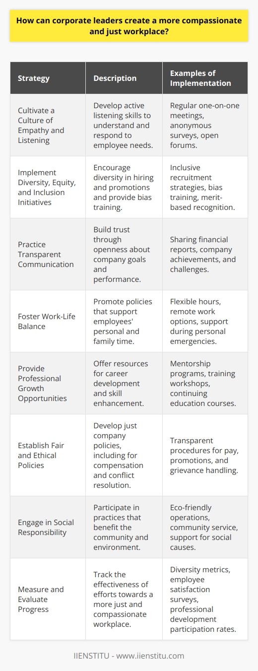 Creating a more compassionate and just workplace is an essential responsibility of corporate leaders who are committed to fostering a positive work environment and supporting the overall well-being of their employees. Leadership that centers around compassion and justice can lay the foundation for increased employee satisfaction, improved productivity, and a more robust corporate culture. Below are key strategies for corporate leaders to achieve these objectives.**Cultivate a Culture of Empathy and Listening**One of the primary steps in creating a compassionate workplace is for leaders to develop a culture of empathy. This means actively listening to employees' concerns, understanding their challenges, and being responsive to their needs. Leaders can demonstrate empathy by holding regular one-on-one meetings, conducting anonymous surveys, or creating open forums where employees feel comfortable and safe to share their experiences and hardships.**Implement Diversity, Equity, and Inclusion Initiatives**A just workplace is one where diversity is celebrated, equity is pursued, and inclusion is the norm. Corporate leaders should implement DEI (Diversity, Equity, and Inclusion) initiatives that go beyond mere tokenism or checking a box. This includes recruitment strategies that reach a diverse talent pool, providing bias training for employees at all levels, and promoting a merit-based culture where everyone has an equal opportunity to succeed and climb the corporate ladder.**Practice Transparent Communication**Transparency in communication builds trust and signals to employees that the company values integrity and openness. Transparent communication can be practiced by sharing company goals, financial health, successes, and setbacks with employees. It encourages a shared sense of purpose and ownership among all team members and helps foster a just environment.**Foster Work-Life Balance**Corporate leaders should recognize that employees have lives outside the office and respect that by encouraging work-life balance. This can involve flexible working hours, the option for remote work, and understanding that personal emergencies sometimes take precedence. These policies show compassion by acknowledging the diverse needs and circumstances of employees.**Provide Professional Growth Opportunities**A significant aspect of a just workplace is giving employees the tools and opportunities to grow professionally. This involves creating clear career paths, offering training programs, mentorship, and continuing education opportunities. By investing in the professional development of employees, corporate leaders show they value and believe in their staff's potential.**Establish Fair and Ethical Policies**Corporate leaders must ensure that company policies are ethical, fair, and consistently applied. This includes compensation and benefits, conflict resolution processes, and performance assessments. When policies are fair and enforced justly, employees are more likely to feel valued and respected.**Engage in Social Responsibility**Leaders can also extend compassion and justice beyond the workplace by engaging in socially responsible practices. This includes ensuring that the company's operations do not harm the environment, participating in community service, and supporting social causes.**Measure and Evaluate Progress**Regularly measuring and evaluating progress towards creating a compassionate and just workplace are vital. This might involve setting up metrics for diversity hiring, tracking the participation in professional development programs, or surveying employee satisfaction. Using these data points can help leaders make informed decisions and continuous improvements.In alignment with these practices, companies like IIENSTITU, which emphasizes continuous learning and professional development, can serve as a valuable resource for both corporate leaders and employees. IIENSTITU offers courses and training that support career advancement and personal growth, contributing to a more skilled and satisfied workforce.In summary, corporate leaders must be proactive and sincere in their efforts to foster a compassionate and just workplace. This is a multifaceted process that involves active listening, promoting diversity and inclusion, transparency, ethical policies, work-life balance, professional growth, social responsibility, and consistent evaluation. Ultimately, the success of these endeavors hinges on the authenticity of the leaders' commitment to their employees' well-being and the cultivation of a workplace where every individual feels respected and empowered to thrive.