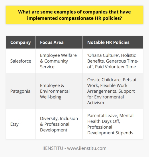 Organizational compassion has become a touchstone for companies looking to foster positive, supportive, and engaging work environments. Compassionate HR policies play a pivotal role in nurturing employee well-being, thereby aiding in employee retention and productivity. Here are several compelling examples of companies that have embraced the ethos of compassion within their human resources practices:Salesforce, a global leader in Customer Relationship Management (CRM) software, is prominently recognized for its compassionate approach to employee welfare. Salesforce's 'Ohana Culture' is deeply rooted in a supportive and familial atmosphere where employees are encouraged to care for one another. The company offers benefits that take into account the whole health of employees, including mental, physical, and financial wellness. Salesforce is also known for providing generous time-off policies and for encouraging employees to engage in volunteer work with paid time off to serve their communities.Patagonia, an outdoor apparel company that is as passionate about the environment as it is about its employees, integrates compassion into their corporate fabric. The company's work culture is centered around the well-being of their staff and the planet. Patagonia goes beyond basic benefits by offering onsite childcare and even allowing employees to bring their children and pets to work, promoting a family-friendly environment. The company's dedication to work-life balance is also seen in its flexible work arrangements and emphasis on providing opportunities for employees to pursue environmental activism.Etsy, an e-commerce platform focused on handmade or vintage items and craft supplies, clearly communicates its alignment with compassionate HR practices. With a strong focus on diversity and inclusion, Etsy provides various employee benefits aimed at promoting health, work-life balance, and professional development. These include parental leave policies, wellness programs that integrate mental health days off, and stipends for professional development. Etsy’s efforts in building a positive work environment reflect a commitment to maintaining a holistic approach to employee satisfaction.These companies serve as trailblazers in revolutionizing HR practices by going beyond the conventional framework and fostering environments where empathy, care, and holistic support are the norms, not the exceptions. Their experiences highlight that compassionate HR policies are not just beneficial for employee morale but are instrumental in furthering business success. Each of these companies demonstrates a dedication to not only talking about compassion but integrating it into their corporate structures and values, leading the way for others to follow in creating more humane and productive workplaces.