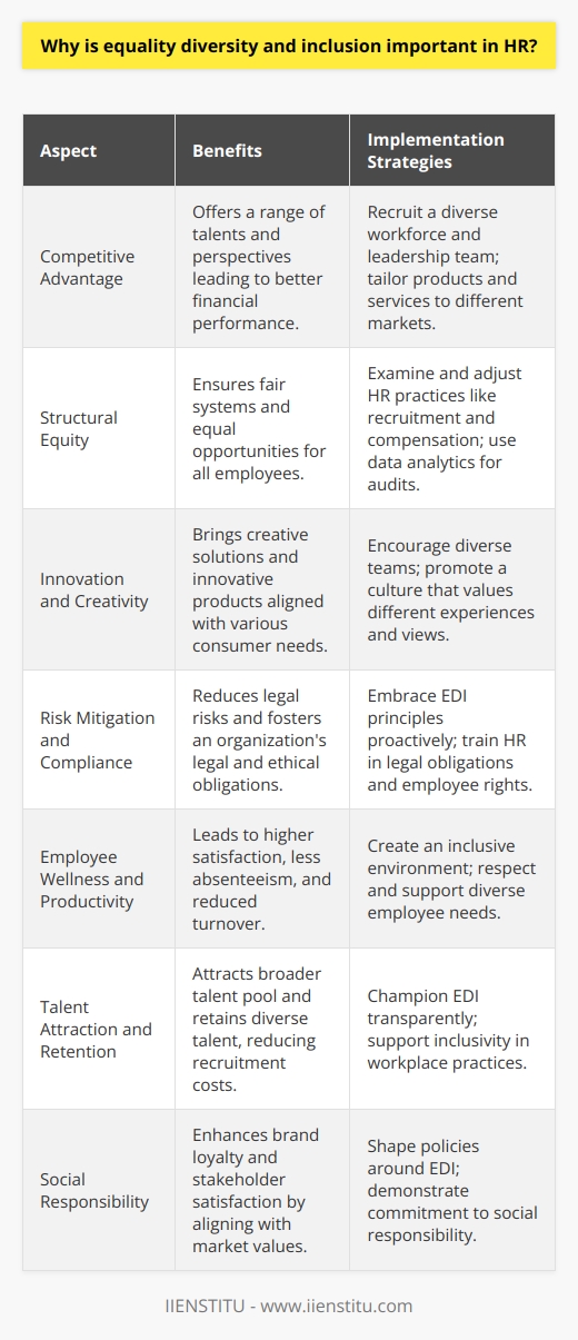 Equality, diversity, and inclusion (EDI) are integral components of modern Human Resources (HR) strategies and embody more than just legal compliance; they represent the heart of a progressive corporate culture that aligns with both ethical values and business imperatives.**Creates a Competitive Advantage**A diverse workforce offers a competitive edge by broadening the range of talents, perspectives, and insights available to the organization. In a globalized economy, having employees who can relate to different customer bases and bring different viewpoints to the table helps in tailoring products and services to a variety of markets. Equally, a diverse leadership team has been positively correlated with better financial performance, suggesting the importance of diversity in decision-making roles.**Encourages Structural Equity**The focus on equality ensures that the organization's systems are fair and designed to provide equal opportunity for all. This involves proactively examining and adjusting recruitment, promotion, and compensation practices to ensure there are no systemic biases against any group. HR can utilize data analytics to audit these processes, ensuring that equity is not just an ideal but a practical reality within the company's operations.**Fosters Innovation and Creativity**Diversity of thought is a crucible for innovation. By bringing together individuals with different lived experiences, cultural backgrounds, and cognitive styles, HR can help create teams that defy echo chambers and groupthink. This cross-pollination of ideas often leads to more creative solutions to business challenges, as well as the development of products and services that are innovative and relevant to a wider audience.**Mitigates Risks and Enhances Compliance**A strong focus on EDI assists in mitigating legal risks related to workplace discrimination and the violation of employee rights. Organizations that proactively embrace EDI principles are better positioned to fulfill their legal and ethical obligations. Thanks to HR's leadership in these areas, the risks of costly legal battles or sanctions due to non-compliance are significantly reduced.**Improves Employee Wellness and Productivity**An inclusive environment positively affects employee well-being by fostering a sense of belonging and validation. When employees feel included and respected, they are more likely to be engaged and motivated. This has tangible benefits, as higher employee satisfaction and mental wellness are directly linked to increases in productivity and a decrease in absenteeism and turnover.**Attracts and Retains Diverse Talent**In an era of talent wars, organizations cannot afford to appear exclusionary. Those that champion EDI in genuine and transparent ways stand to attract a broader talent pool. Additionally, by supporting diverse needs and championing inclusivity in the workplace, HR can help ensure the organization retains this talent, reducing the cost and upheaval of recruitment cycles.**Reflects Social Responsibility Commitments**Modern consumers and other stakeholders increasingly expect organizations to display social responsibility. Companies that can demonstrate their commitment to EDI will find they resonate better with market values. By shaping policies and practices around EDI, HR can help align the company with these broader social expectations, which can enhance brand loyalty and overall stakeholder satisfaction.In essence, equality, diversity, and inclusion are not mere buzzwords for today's HR professionals; they are fundamental components of corporate excellence and sustainability. Organizations that vigorously pursue these values through their HR practices are setting themselves up not only for ethical operation but for strong financial health and robust stakeholder relations.