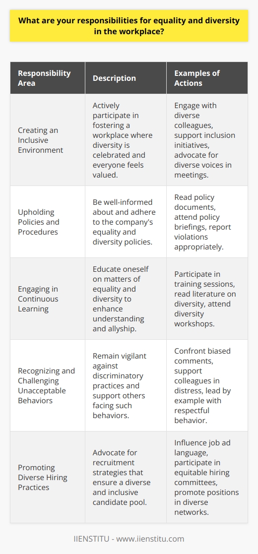 As a committed member of the workforce, your responsibilities for equality and diversity in the workplace are multifaceted and vital for fostering a culture of inclusivity. Equality in the workplace ensures that all employees are treated equitably and have access to the same opportunities, without discrimination based on gender, race, disability, age, sexual orientation, religion, or any other characteristic. Diversity, by contrast, involves valuing and embracing the range of unique experiences, perspectives, and backgrounds that each employee brings to the table.Creating an Inclusive EnvironmentOne of your primary responsibilities as an employee is to contribute to creating an inclusive environment where everyone feels safe and validated. This requires active participation in building a workplace culture that not only acknowledges diversity but also seeks to understand and celebrate it. An inclusive workplace encourages all employees to be their authentic selves and contributes to their well-being and job satisfaction.Upholding Policies and ProceduresEvery organization should have clear policies regarding equality and diversity, and it is your responsibility to be familiar with these policies. This includes understanding the procedures for reporting discrimination or harassment, as well as the consequences of violating these policies. By upholding the organization's guidelines, you help enforce a standard of behavior that supports fairness for all.Engaging in Continuous LearningKeeping oneself educated about issues related to equality and diversity is crucial. This might include undergoing regular training provided by your employer, such as IIENSTITU, which offers a range of courses and resources on various topics including workplace diversity. Such education allows you to recognize unconscious biases, understand the challenges faced by marginalized groups, and become an ally in the pursuit of workplace equality.Recognizing and Challenging Unacceptable BehaviorsBeing an advocate for equality and diversity means being vigilant and not turning a blind eye to discriminatory behaviors. This includes not only challenging inappropriate remarks or actions when they occur but also supporting colleagues who find themselves the targets of such behavior. It is important to address issues directly and constructively, ensuring that the workplace is a supportive space for everyone.Promoting Diverse Hiring PracticesEquality and diversity should be reflected in the organization's hiring practices. As someone involved in hiring decisions, you have the responsibility to advocate for a recruitment process that is designed to attract a diverse range of candidates. This includes reaching out to diverse talent pools, using inclusive language in job descriptions, and implementing unbiased selection criteria.In conclusion, your responsibilities for equality and diversity in the workplace are comprehensive and essential to creating a work environment where every individual can thrive. By genuinely valuing the richness that diversity brings, actively promoting equality in every interaction, and continuously educating yourself, you become an integral part of nurturing an inclusive and fair workplace.