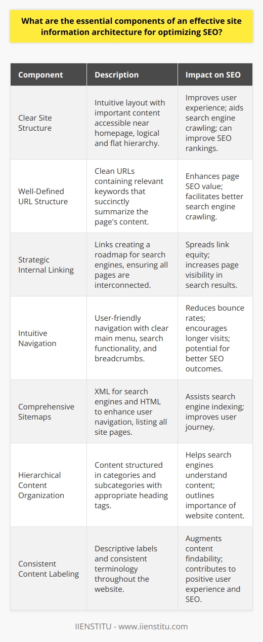 Site information architecture is critical for ensuring both users and search engines can navigate a website effectively, which is directly linked to enhanced SEO performance. Here is a breakdown of the essential components of an effective site information architecture for optimizing SEO:1. **Clear Site Structure**: An intuitive site structure improves user experiences and helps search engines effectively crawl your website. It should highlight the most important content, typically placing it closer to the homepage. Moreover, a logical and flat structure means users and search engines don't have to click many times to reach the desired page, which can enhance your site's SEO ranking.2. **Well-Defined URL Structure**: Clean, keyword-relevant URLs can significantly boost the SEO value of your web pages. They should be easy to read and succinctly describe the page's content, facilitating better crawling by search engine bots.3. **Strategic Internal Linking**: Internal links are the roadmaps that guide search engine crawlers through your website, helping them understand the structure and hierarchy of your content. Ensuring that every page is reachable through internal links can spread the SEO link juice around your site and increase the visibility of more pages in search engine results.4. **Intuitive Navigation**: User-friendly navigation reduces bounce rates and encourages visitors to explore your website more deeply. This can include a clear main menu, search functionality, and breadcrumb navigation. Such features lead to longer site visits and more page views, which can result in better SEO outcomes.5. **Comprehensive Sitemaps**: Sitemaps are particularly important as they list all the pages on your site, helping search engines to index them effectively. An XML sitemap is designed for search engines, while an HTML sitemap can improve user navigation.6. **Hierarchical Content Organization**: Organizing your site's content hierarchically in categories and subcategories helps search engines better understand the information on your website. Using appropriate heading tags (H1, H2, H3, etc.) helps outline the structure and importance of your website's content.7. **Consistent Content Labeling**: Descriptive labels and consistent terminology across your website ensure that users know what to expect from a page before they click on it. This clarity in content labeling can augment the findability of content, contribute to a positive user experience, and boost SEO.Maintaining a robust site architecture demands continuous observation and tweaking. However, when these components are expertly aligned, they can dramatically improve a website's SEO ranking while delivering a better user experience. Implementing these strategies can help websites become more accessible to both users and search engines, ultimately leading to improved web visibility and organic search performance.