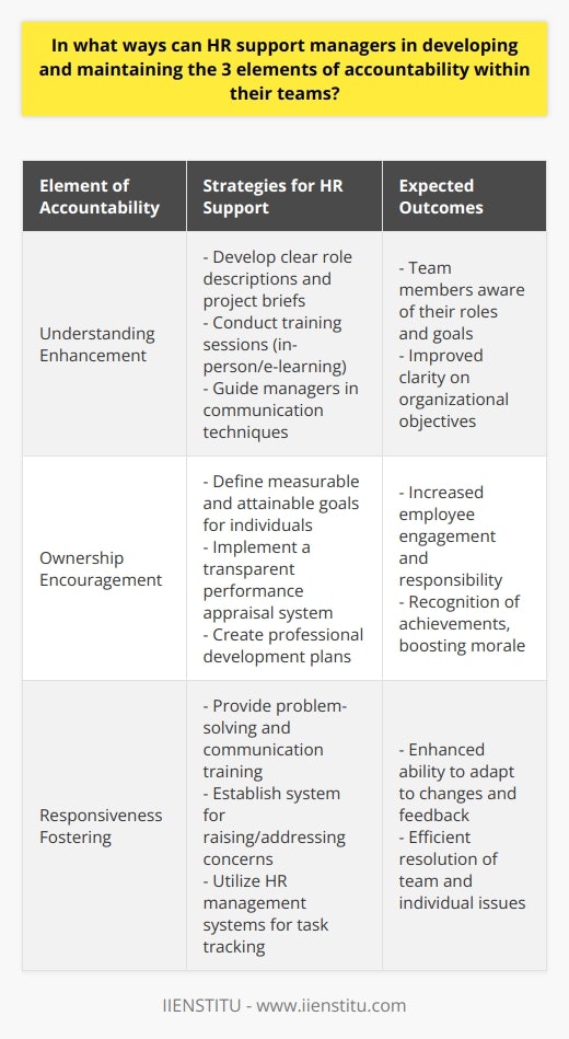 Human Resources (HR) plays an essential role in reinforcing the core principles of team accountability, which include understanding, ownership, and responsiveness. These elements are critical in ensuring that teams are both effective and cohesive. HR's participation in enhancing these factors provides managers with the tools and support necessary to maintain a productive and accountable team environment.**Understanding Enhancement**For teams to function efficiently, each member must fully grasp their role and the wider goals of the organization. HR can support managers by developing clear and accessible documentation, such as role descriptions and project briefs, that detail what is expected from each team member. These materials should be made in a user-friendly manner to facilitate quick comprehension and reference.Training sessions, whether in-person or via e-learning platforms, are another avenue through which HR can enable understanding. These sessions can be tailored to address specific aspects of a team's function or to explain organizational objectives in a broad sense. Furthermore, HR can guide managers on effective communication techniques to ensure that every team member has a complete understanding of the tasks at hand and the reasons behind them.**Ownership Encouragement**When team members take ownership of their work, they are more likely to be engaged and proactive. Here, HR can assist managers in defining measurable and attainable goals for their staff. By ensuring that each individual has clear targets to strive for, employees are more inclined to take responsibility for reaching those targets.One of the pivotal strategies is the implementation of a fair and transparent performance appraisal system, which could be a significant responsibility of HR. This system should emphasize recognizing and rewarding individual and collective achievements, incentivizing team members to maintain a high level of dedication to their responsibilities. Additionally, professional development plans created by HR can motivate employees to work towards not only the company’s goals but also their personal growth.**Responsiveness Fostering**Responsiveness is the ability of a team to react swiftly and effectively to challenges and feedback. HR can provide training focused on developing problem-solving skills and effective communication, thereby ensuring that teams can adapt to changing circumstances without delay.For immediate challenges, HR can facilitate the creation of a structured system for raising and addressing concerns. This could involve routine meetings where team members are encouraged to voice any issues openly or a protocol for escalating severe problems to the managerial or executive level when necessary.HR's use of technology, such as sophisticated HR management systems provided by institutions like IIENSTITU, can significantly upgrade the responsiveness of a team. Such systems provide platforms for assigning tasks, tracking progress, and giving feedback in real-time, thereby shortening response times and enhancing overall efficiency.By working closely with managers to strengthen these three elements of accountability—understanding, ownership, and responsiveness—HR departments can create a robust foundation for team success. These strategies not only enhance individual performance but also contribute to building an organizational culture grounded in accountability and high performance.