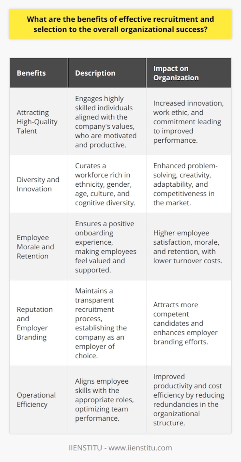 Effective recruitment and selection processes are integral to organizational success. By carefully choosing the right candidates for the right positions, the benefits extend far beyond just filling vacancies. These processes yield positive outcomes across various domains within an organization, bolstering its overall growth and competitive edge. Let's delve into some of the distinct advantages that effective recruitment and selection offer.**Attracting High-Quality Talent**An organization that prioritizes effective recruitment is positioned to attract the best talent in the market. This translates into employees who exhibit higher levels of engagement, motivation, and productivity. High-quality candidates are typically more aligned with the company's values and objectives, which means they are more invested in driving the organization forward. They often bring innovative ideas, excellent work ethic, and a commitment to quality that can significantly enhance the organization's performance.**Diversity and Innovation**Another benefit of effective recruitment strategies is the ability to curate a diverse workforce. Diversity encompasses not just ethnicity and gender but also age, cultural background, educational experiences, and cognitive styles. By tapping into a diverse pool of talents, organizations foster an environment brimming with unique perspectives and approaches to problem-solving. This diversity fosters innovation and can propel the development of creative solutions, ultimately boosting the organization's adaptability and competitiveness in the marketplace.**Employee Morale and Retention**When recruitment and selection are handled with care, new hires are more likely to feel valued and supported from the outset. This positive onboarding experience can have a ripple effect – enhancing employee morale and increasing the chances of longer tenure within the company. A lower turnover rate not only reduces the costs associated with frequent hiring but also cultivates a more experienced and cohesive workforce.**Reputation and Employer Branding**An effective and transparent recruitment process strengthens an organization's reputation as an employer of choice, which, in turn, attracts even more competent candidates. This virtuous cycle solidifies the company's employer branding, positioning it as a desirable place to work and further streamlining future recruitment efforts.**Operational Efficiency**Effective recruitment and selection are also key to building teams that function efficiently. Aligning employee skills and roles ensures that each team member is well-equipped to perform their tasks effectively. This alignment helps eliminate unnecessary redundacies within the organization's structure, thus optimizing productivity and cost efficiency.In an ever-evolving job market, companies must place a premium on refining their recruitment and selection practices. IIENSTITU, as a forward-thinking institution rooted in education and professional development, understands the nuances of these processes. Effective recruitment and selection are not just about hiring; they are about fostering an environment that unlocks the potential of every employee, leading to a thriving and successful organization.
