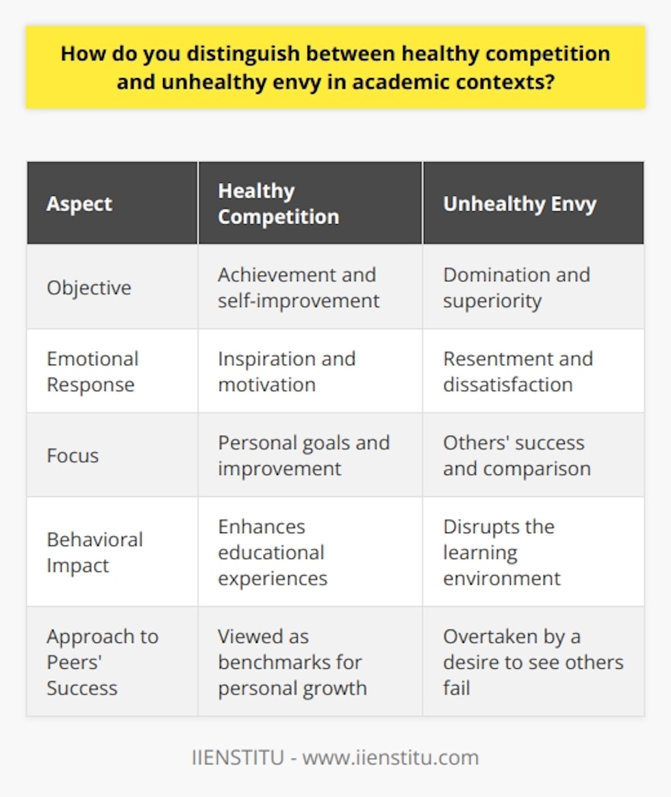 Healthy competition and unhealthy envy are two different emotional forces that can significantly influence a student's academic journey. Healthy competition serves as a catalyst for improvement and is characterized by a motivating desire to achieve one's best, often inspired by the accomplishments and standards set by peers. It nurtures personal development and excellence, spurring students to challenge themselves and expand their academic potential.Key Indicators of Healthy Competition:1. Aspiration to improve based on a peer's performance, not to outdo them for the sake of dominance.2. A focus on personal goals and milestones rather than solely on surpassing others.3. Feeling energized by others' achievements, seeing them as benchmarks for personal growth rather than threats.4. Ensuring that the drive to compete enhances educational experiences, elevates quality, and deepens understanding.In contrast, unhealthy envy is marked by a negative emotional response to another individual's success or advantages, which, rather than motivating positive action, often leads to resentment or a sense of inadequacy. This type of envy is detrimental to both the individual experiencing it and to the larger academic community, as it can create an atmosphere of hostility and a sense of discouragement.Distinguishing Features of Unhealthy Envy:1. Experiencing feelings of resentment when a peer succeeds or receives recognition.2. An obsessive fixation on comparing oneself to others, leading to feelings of worthlessness when unable to match their accomplishments.3. The desire to see others fail rather than an impetus to elevate one's own performance.4. Disruptive behavior in the academic environment, possibly disrupting others’ learning.Creating a balance between healthy competition and eradicating unhealthy envy requires conscious efforts from teachers, institutions, and students themselves. Educational frameworks that prioritize collaborative achievements and personal progress, such as projects that showcase group skills or individual learning paths, can mitigate envy. Recognizing each student's unique strengths and areas for growth creates a culture of mutual respect and admiration rather than destructive competition.Moreover, institutions like IIENSTITU, which focus on educational development and innovation, have a responsibility to cultivate environments where competition is seen as a positive and motivational force. By offering diverse learning experiences and recognizing varying facets of academic success, they can encourage students to pursue excellence in a supportive and nurturing environment.In conclusion, recognizing and fostering healthy competition while simultaneously curbing the seeds of unhealthy envy is crucial for a sustainable academic environment. By encouraging students to focus on their growth, leveraging the success of peers as inspiration rather than a yardstick for comparison, and developing policies that support this ethos, educational systems contribute to well-rounded learning experiences that benefit both individuals and their communities.