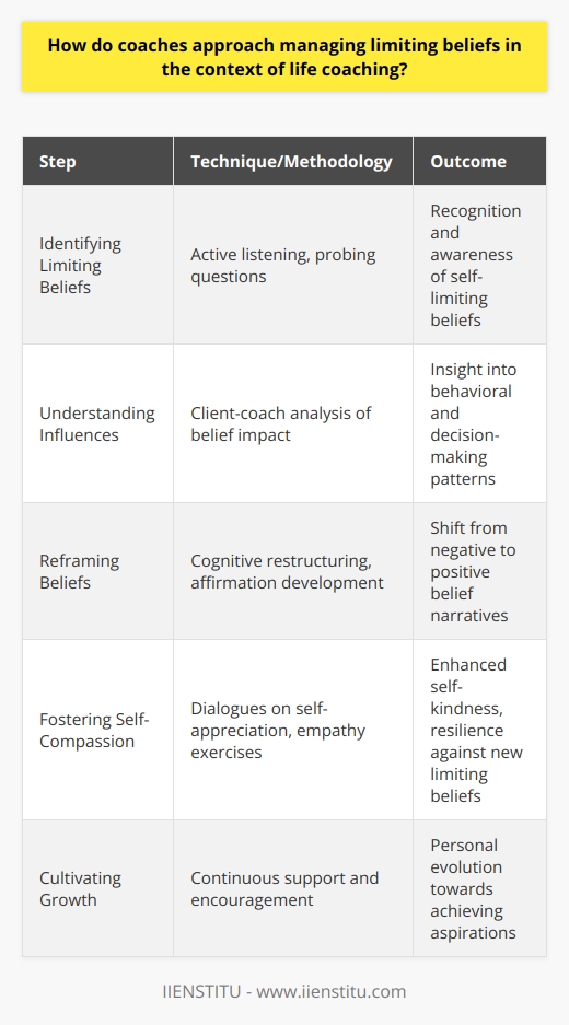Life coaching as a discipline involves guiding individuals through various challenges, including the navigation and dismantling of limiting beliefs – the deep-seated convictions that constrain one's potential and inhibit action. These beliefs often act as psychological barriers that prevent people from realizing their full capabilities and living a fulfilling life. Coaches adeptly navigate these issues using a toolkit of methodologies tailored to challenge and transform such restrictive thought patterns.Identifying Limiting BeliefsThe journey to overcome limiting beliefs begins with recognizing their existence. Life coaches employ techniques such as active listening and probing inquiries to unveil these ingrained notions, which their clients may have inadvertently internalized. Whether these beliefs stem from past experiences, cultural conditioning, or fear of the unknown, the identification process is critical, as it lays the groundwork for subsequent transformation.Once identified, coaches strategically work with clients to understand how these beliefs influence their behavior and decision-making processes. It is only through conscious recognition that individuals can begin the effort to transcend such self-imposed constraints.Reframing BeliefsCoaches guide clients through the process of reframing, which entails examining limiting beliefs from a new vantage point. This approach often involves cognitive restructuring, where clients learn to challenge the veracity and utility of their negative beliefs, dismantling them piece by piece and reconstructing them into affirmative statements that serve their growth. This cognitive realignment is pivotal in shaping a client's outlook and responses to various life situations.The effectiveness of reframing lies in its ability to convert a previously unchallenged negative narrative into a dynamic, supportive one, liberating individuals from the fetters of their own minds.Fostering Self-CompassionA life coach's repertoire also includes strategies to bolster self-compassion. Developing self-compassion involves fostering a non-judgmental understanding of one's experiences and shortcomings, which is integral to mitigating the effects of limiting beliefs. When clients learn to treat themselves with the same kindness and empathy they would afford others, they create a resilient psychological buffer against the internalization of new limiting beliefs.Through dialogues focused on self-appreciation and acknowledgment of their strength and potential, clients learn to embrace their unique journey, which is a fundamental step toward belief transformation.ConclusionIn sum, life coaches tackle limiting beliefs by stimulating awareness, reframing detrimental thought patterns, and cultivating a practice of self-compassion. The synthesis of these approaches constitutes a holistic methodology for personal evolution. By guiding clients through this reflective and reformative process, coaches assist in propelling them beyond the confines of self-doubt, toward the realization of their aspirations and objectives. The life coaching journey, therefore, paves the path from limitation to liberation – a testament to the profound impact of nurturing the mind and spirit under professional guidance.