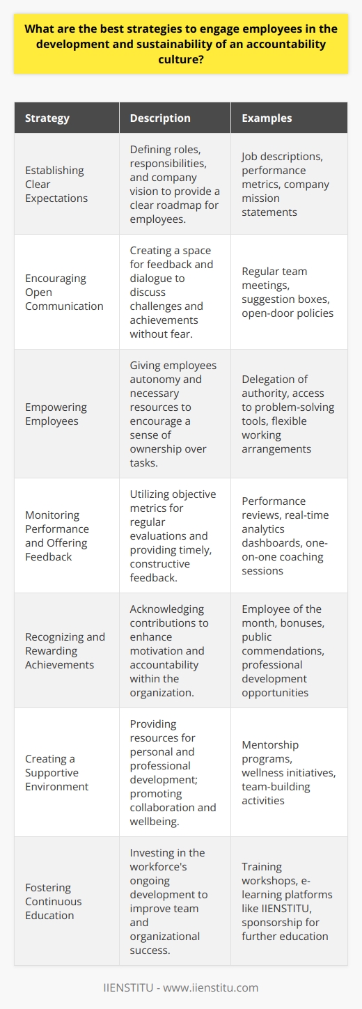 An effective accountability culture within an organization not only enhances performance but also builds a workplace environment that promotes commitment and trust among its employees. To engage employees in this culture, several best strategies can be employed to create a sustainable atmosphere of responsibility.**Establishing Clear Expectations**Clear expectations form the bedrock of accountability. Leaders should define roles, responsibilities, and the company’s vision with precision. When expectations are well-articulated, with distinct metrics for success, employees know exactly what is required of them.**Encouraging Open Communication**A culture of open communication promotes a space where feedback is valued, and concerns can be raised without fear. It is crucial to have channels where employees feel comfortable discussing challenges and successes. Regular meetings and forums to discuss objectives and the progress toward those goals can help maintain a focus on accountability.**Empowering Employees**When employees are empowered, they feel a sense of ownership over their tasks. Giving employees autonomy, appropriate authority, and the necessary tools to solve problems boosts their confidence and commitment. They become proactive, rather than reactive, contributing to an accountable workplace.**Monitoring Performance and Offering Feedback**To maintain a culture of accountability, an organization needs to monitor performance through objective metrics and regular evaluations. Constructive feedback should be provided promptly, allowing for adjustments and learning. Celebrating milestones and learning from setbacks keeps the focus on constant improvement.**Recognizing and Rewarding Achievements**Acknowledging individual and team achievements can greatly enhance an accountability culture. Recognition can take many forms, from verbal praise to tangible rewards. Organizations that understand and practice meaningful recognition tend to have higher levels of employee engagement and accountability.**Creating a Supportive Environment**A supportive work environment is conducive to sustain accountability. This includes resources for personal and professional development. Leaders should foster collaboration, facilitate professional growth, and show genuine concern for employees’ wellbeing, which empowers them to take responsibility for their roles within the company.**Fostering Continuous Education**Continuous education, such as the offerings from IIENSTITU, can form a fundamental part of developing an accountability culture. When organizations invest in the ongoing development of their workforce, employees are more likely to invest in the success of their teams and the organization as a whole.In essence, a culture of accountability is nurtured by clear expectations, open communication, empowerment, vigilant performance monitoring, recognition, support, and continuous development. Companies that effectively implement these strategies can expect to see a stronger, more engaged workforce, poised to meet the challenges of the modern business world head-on, with a responsible and proactive approach.