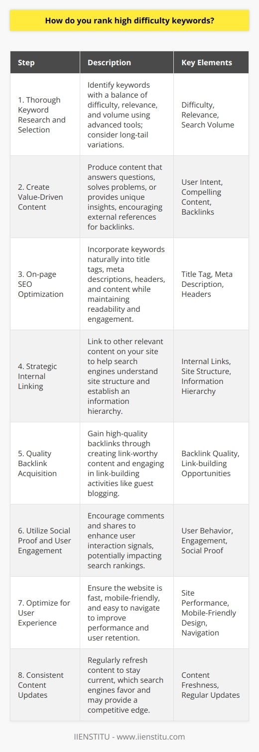 Ranking for high difficulty keywords is a strategic challenge that requires a comprehensive and thoughtful approach. To achieve prominence in search engine results for these competitive terms, here are the steps to follow:1. **Thorough Keyword Research and Selection**: Begin the process with meticulous keyword research. Use advanced research tools to identify difficult but achievable keywords that match your content and have significant search volume. When you choose keywords, consider the balance between their difficulty, relevance, and search volume. Look for long-tail variations that may have less competition but are still frequently used by your target audience.2. **Create Value-Driven Content**:Once the keywords are selected, produce content that aligns with user intent and adds tremendous value. This means developing articles, blog posts, or other content types that answer questions, solve problems, or provide insights that are not readily available elsewhere. The content should be so compelling that other websites have no choice but to reference it, which will help in building backlinks.3. **On-page SEO Optimization**: Employ on-page SEO techniques by naturally incorporating high difficulty keywords into places like the title tag, meta description, headers, and throughout the content. Do this while keeping sentences natural and engaging. Remember not to force keywords where they don't make sense, as it could harm both readability and SEO.4. **Strategic Internal Linking**: Don't underestimate the power of linking to other relevant content on your site. Internal linking can help search engines understand the structure of your website and establish an information hierarchy, which can boost the ranking potential of your key pages.5. **Quality Backlink Acquisition**:Relevant, high-quality backlinks are a cornerstone of ranking for tough keywords. Create link-worthy content and reach out for potential link-building opportunities, such as guest blogging or collaborations. As you gain authoritative links, your website's trust and authority in the eyes of the search engines will increase.6. **Utilize Social Proof and User Engagement**:Search engines consider user behavior signals as a ranking factor. Encourage comments, shares, and engagement from readers to demonstrate a higher level of interaction and relevance, which could directly affect your rankings.7. **Optimize for User Experience**:Google's algorithm updates, like the Core Web Vitals, have made site performance and user experience more relevant than ever for SEO. Ensure your website is fast, mobile-friendly, and easy to navigate, which reduces bounce rates and improves the likelihood of users staying longer and engaging with your content.8. **Consistent Content Updates**:Keep your content fresh and up-to-date. Search engines favor regularly updated content, which could give you an edge over competitors who neglect their older content. Addressing outdated information will help maintain rankings for high difficulty keywords.By implementing these techniques, and staying updated on the latest SEO best practices, webmasters and content creators can increase their chances of ranking for high difficulty keywords. It's a long-term commitment that involves ongoing effort, analysis, and optimization. Remember that achieving rankings for these terms doesn't happen overnight, and staying patient and consistent with your strategy is key.