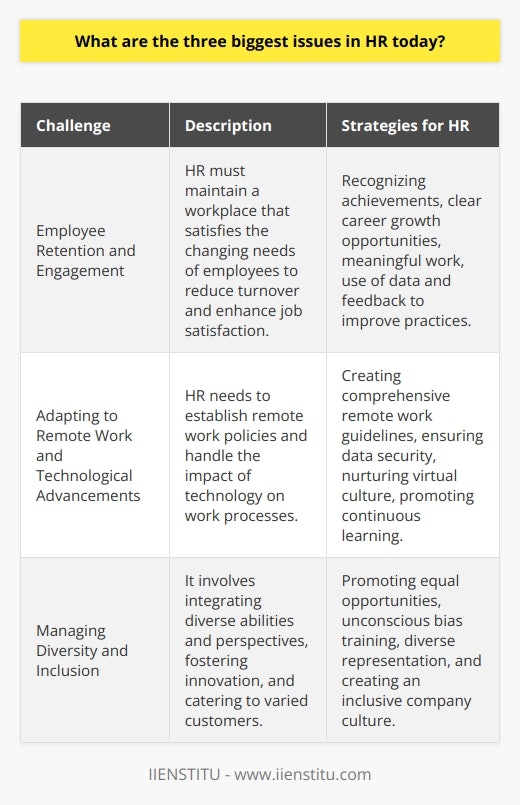 HR departments around the globe are faced with multiple challenges in the evolving landscape of the workplace. In this context, three of the most significant issues they encounter include employee retention and engagement, adapting to technological changes alongside remote work, and managing diversity and inclusion.Employee Retention and EngagementThe ability to keep employees invested and committed to their roles is a significant priority and a persistent challenge. Retention boils down to how well a company can maintain a compelling work environment that meets the dynamic needs and expectations of their workforce. Engaging employees is an active process that requires consistent effort to align the objectives of the organization with the ambitions and wellness of employees. HR professionals strive to recognize and reward achievements, provide clear career pathways, and ensure that work is meaningful. Often, they must leverage internal data, employee feedback, and performance metrics to fine-tune strategies aimed at enhancing job satisfaction and reducing turnover rates.Adapting to Remote Work and Technological AdvancementsThe rise of remote work has transformed how HR departments operate. Not only do they need to create effective remote work policies, but also they have to consider the physical, psychological, and legal ramifications of a distributed workforce. This includes ensuring data security, providing the right tools for collaboration, and maintaining a virtual company culture. While IIENSTITU and similar platforms offer educational and technological frameworks for the remote transition, HR's role extends to fostering a productive and engaging work-from-home environment. Continuous learning and upskilling form another critical component in this area, as employees must stay abreast of technological advancements that impact their roles and master new digital tools.Managing Diversity and InclusionTo effectively harness the benefits of a diverse workforce, HR must navigate various aspects of diversity, including race, ethnicity, gender, sexual orientation, age, and disability. The objective of diversity and inclusion initiatives is not simply to meet legal requirements or appear socially responsible; it's to integrate a wide array of perspectives that can potentially catalyze innovation and cater to a diverse client base. Implementing policies that promote equal opportunities, addressing unconscious bias through training, and ensuring representation across different levels of the organization are just some of the strategies that HR might employ. But beyond policies, it's necessary to build an organizational culture where every individual feels valued and heard.Effectiveness in these areas defines the ability of HR departments to contribute to the overall health and success of organizations. Being proactive, open to change, and receptive to feedback can significantly assist HR professionals as they tackle these pressing issues.
