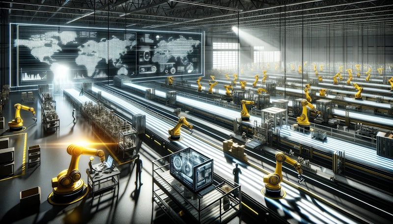 Assessing the Impacts of Supply Chain Automation on Business Efficiency" based on your specifications. The image showcases a dynamic, futuristic factory floor where humans and robots collaborate seamlessly, highlighting the transition from manual to automated processes and its global impact. The scene injects humor and conveys the message of efficiency and evolution in supply chain automation.