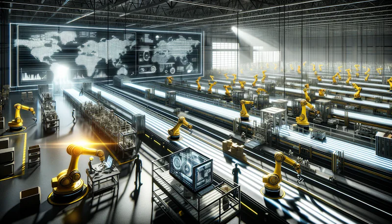 Assessing the Impacts of Supply Chain Automation on Business Efficiency" based on your specifications. The image showcases a dynamic, futuristic factory floor where humans and robots collaborate seamlessly, highlighting the transition from manual to automated processes and its global impact. The scene injects humor and conveys the message of efficiency and evolution in supply chain automation.