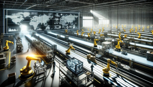 Assessing the Impacts of Supply Chain Automation on Business Efficiency" based on your specifications. The image showcases a dynamic, futuristic factory floor where humans and robots collaborate seamlessly, highlighting the transition from manual to automated processes and its global impact. The scene injects humor and conveys the message of efficiency and evolution in supply chain automation.