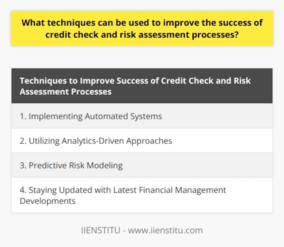 In conclusion, improving the success of credit check and risk assessment processes in commercial entities involves the use of various techniques. Implementing automated systems, utilizing analytics-driven approaches, and predictive risk modeling are all effective strategies for enhancing these processes. By applying these techniques, organizations can better identify and react to risk, mitigate potential losses, and develop strategies for managing risk in the future. It is also important for companies to stay updated with the latest developments in financial management to ensure the success and effectiveness of their credit check and risk assessment processes.