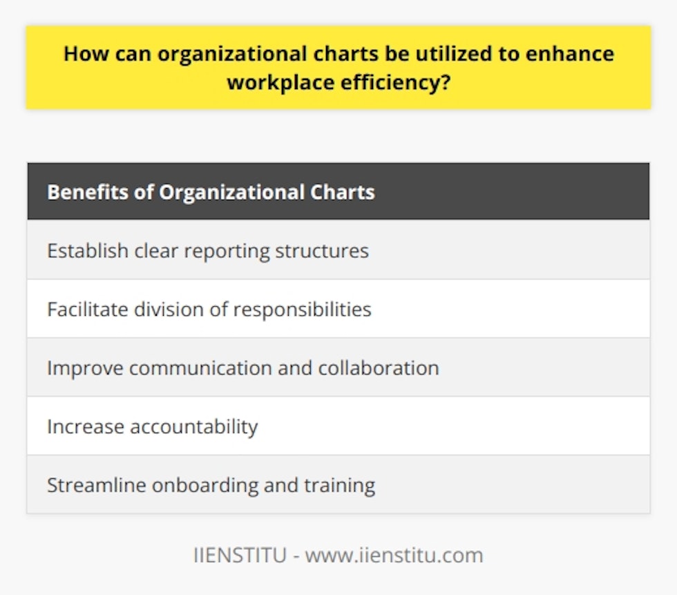 Organizational charts are an essential tool for enhancing workplace efficiency. They provide a visual representation of a company's hierarchy, improving communication, coordination, and accountability among employees. By implementing organizational charts, companies can benefit in the following ways:Firstly, organizational charts establish clear reporting structures. They define the chain of command and delineate the levels of management, ensuring that employees know exactly who they report to and who has authority over them. This transparency minimizes conflicts arising from competing authorities and allows for efficient decision-making processes.Secondly, organizational charts facilitate the division of responsibilities. By outlining the different departments and teams within a company, employees can better understand their specific roles and objectives. This clarity leads to increased productivity and more efficient use of resources, as employees can focus on their respective responsibilities without confusion or overlap.Moreover, organizational charts improve communication and collaboration. With a well-structured chart in place, employees are aware of the correct channels for sharing ideas, raising concerns, and addressing problems. This smooth flow of communication reduces the risk of miscommunication and fosters teamwork across the organization, leading to improved efficiency.Another benefit of organizational charts is increased accountability. These charts visually map out each person's responsibilities within the organization, making it clear what is expected from each employee. This clarity enables supervisors to assess performance more accurately and identify areas of improvement. Additionally, it allows for the effective allocation of resources to maximize efficiency.Finally, organizational charts are valuable tools for onboarding and training new employees. By familiarizing new hires with the company's organizational structure, reporting relationships, and division of responsibilities, charts help them integrate into the workplace more quickly and effectively. This streamlined onboarding process ensures that new employees can contribute to the company's efficiency as soon as possible.In conclusion, implementing well-designed organizational charts can greatly enhance workplace efficiency. They provide clarity on reporting structures, improve communication and collaboration, increase accountability, and facilitate the onboarding process. By utilizing organizational charts, companies can optimize their operations and foster a more efficient and productive work environment.