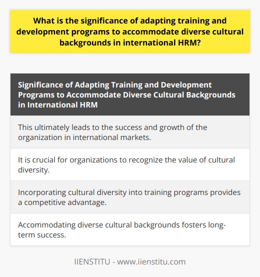 This ultimately leads to the success and growth of the organization in international markets. It is crucial for organizations to recognize the value of cultural diversity and incorporate it into their training programs for a competitive advantage and long-term success.