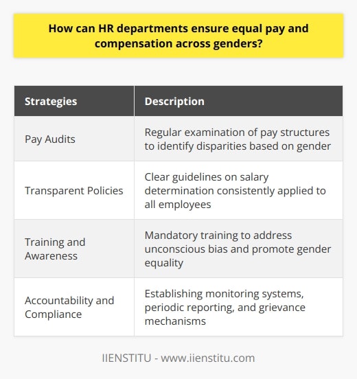 HR departments play a crucial role in ensuring equal pay and compensation across genders within an organization. They can achieve this through various strategies such as examination of pay structures, implementation of transparent policies, training and awareness initiatives, and establishing accountability and compliance frameworks.Firstly, HR departments need to conduct regular pay audits to thoroughly examine the organization's pay structure. This involves analyzing data on employee performance, experience, and qualifications to identify any disparities in salaries, benefits, and bonuses based on gender. By conducting these audits, HR professionals can assess whether any pay gaps are justified or indicate gender-based discrimination.Secondly, HR departments should develop and implement transparent policies related to pay and compensation for all employees. Clear guidelines on salary determination should be established, considering factors such as job responsibilities, education, and experience. These policies should be consistently applied to all employees, regardless of their gender. By establishing transparency, HR departments can minimize the potential for pay discrimination and create a culture of fairness within the organization.Moreover, HR departments should focus on training and awareness initiatives to address unconscious bias and promote gender equality in the workplace. This might include mandatory training for recruitment and management personnel to ensure an objective evaluation of candidates for hiring and promotion. Furthermore, HR professionals should actively promote diversity and inclusion by showcasing case studies and best practices that demonstrate the benefits of gender pay equality.Additionally, building a framework for accountability and compliance is crucial in addressing gender pay disparity. HR departments should establish a system for monitoring and reviewing the implementation of equal pay policies. This can involve periodic reporting, audits, and analysis of compensation-related data to assess progress towards achieving gender pay parity. Furthermore, HR professionals need to develop grievance mechanisms for employees to report pay-related concerns. It is essential to ensure that these concerns are adequately investigated and resolved.In conclusion, HR departments must take proactive measures to ensure equal pay and compensation across genders. By conducting pay audits, implementing transparent policies, providing training and awareness initiatives, and establishing accountability and compliance frameworks, organizations can foster an environment of equality and fairness while minimizing gender pay discrimination. This not only benefits the organization but also contributes to a more just and inclusive society.