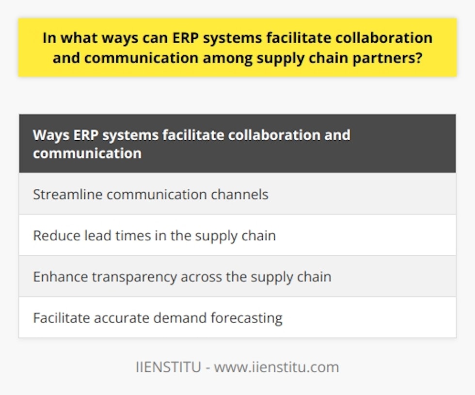 Enterprise resource planning (ERP) systems are a vital tool in facilitating collaboration and communication among supply chain partners. By providing a centralized platform for accessing and sharing real-time information, these systems enhance coordination, optimize resources, and reduce any unnecessary duplication of efforts. This article will explore the ways in which ERP systems enable effective collaboration in the supply chain.One of the key benefits of ERP systems is the ability to streamline communication channels. By integrating various business processes, these systems provide a seamless flow of information across organizational borders. This accessibility ensures that all supply chain partners can make informed decisions based on up-to-date data. Whether it is sharing production schedules, inventory updates, or delivery status, ERP systems offer a centralized hub for effective collaboration.Furthermore, ERP systems help reduce lead times in the supply chain. By integrating procurement, production, and distribution processes, these systems enable partners to anticipate any potential disruptions and adjust production schedules accordingly. This proactive approach ensures that supply chain partners can respond swiftly to changes in demand, improving their ability to meet customer expectations.Transparency is also a crucial aspect of collaboration in the supply chain, and ERP systems greatly contribute to this. By offering real-time updates on inventory, production, and distribution statuses, these systems enhance visibility across the supply chain. Partners can closely monitor activities and make necessary adjustments to maintain operational efficiency. This transparency also builds trust between supply chain partners, as it reduces the risk of stock-outs or excess inventory.Accurate demand forecasting is essential in supply chain management, and ERP systems greatly facilitate this process. By consolidating historical data, customer information, and market trends, these systems provide valuable insights for accurate demand prediction. With improved forecast accuracy, supply chain partners can coordinate their activities more effectively, reducing excess inventory and providing better customer service.In conclusion, ERP systems are a valuable asset in facilitating collaboration and communication among supply chain partners. By offering a centralized platform for accessing real-time information, these systems enhance operational efficiency, reduce lead times, increase transparency, and improve forecast accuracy. Leveraging these advantages can help companies gain a competitive edge in today's dynamic global market.