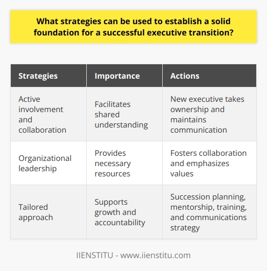 The transition process should involve active involvement and collaboration between the existing and new executives. The new executive should take ownership of the transition plan and maintain effective communication with the existing executive to ensure a shared understanding of the new role and expectations. The existing executive should provide the new executive with access to critical information and clarify roles and responsibilities to facilitate a smooth transition.Organizational leadership plays a crucial role in facilitating a successful executive transition. Leaders should foster collaboration and engagement between the existing and new executives and provide the necessary resources for a smooth transition. They should also emphasize the values that the new executive stands for and seeks to promote, forging a cohesive relationship between the new executive and the organization.A tailored approach to executive transition is also important. Organizations should implement various succession planning strategies, such as developing performance benchmarks and identifying potential successors. They should offer mentorship and training opportunities to support the new executive's growth. An accountability system should be in place to motivate the new executive and hold them accountable for their commitments. Additionally, a communications strategy should be deployed to inform stakeholders of the transition and build support and acceptance of the new leader.In conclusion, establishing a solid foundation for a successful executive transition requires active involvement from both the existing and new executives, organizational leadership, a tailored approach to transition planning, and effective communication and collaboration. By implementing these strategies, organizations can ensure a smooth and successful executive transition, setting the stage for future success.