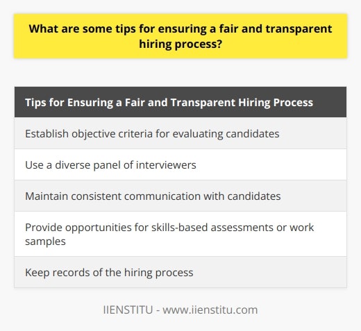 One important tip for ensuring a fair and transparent hiring process is to establish objective criteria for evaluating candidates. This means defining the essential qualifications and skills required for the position and using those as the basis for assessing applicants. By having clear and unbiased standards, companies can ensure that all candidates are evaluated fairly and equally.Another tip is to use a diverse panel of interviewers. By including individuals from different backgrounds and perspectives, companies can reduce the risk of bias and ensure that multiple viewpoints are considered during the evaluation process. This can help prevent any unfair advantages or disadvantages based on personal preferences or biases.Furthermore, maintaining consistent communication with candidates is crucial for transparency. Companies should provide regular updates throughout the process, informing candidates of their status and any changes or developments. This helps to build trust and ensures that candidates are aware of what to expect during each stage of the hiring process.In addition, companies can promote fairness and transparency by providing opportunities for candidates to showcase their abilities through skills-based assessments or work samples. This can help to eliminate any biases that may arise from subjective evaluations and provide a more objective assessment of a candidate's capabilities.Lastly, it is important for companies to keep records of the hiring process, including interview notes and evaluations. This documentation can serve as evidence of a fair and transparent process, should any disputes or claims of unfair treatment arise.By following these tips, companies can take proactive steps to ensure a fair and transparent hiring process. This not only helps to attract top talent but also promotes diversity, equality, and trust within the organization.