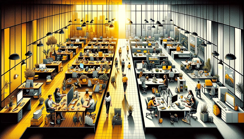 The image has been created to reflect the dramatic rise of remote work, capturing the essence of the transition from traditional office settings to remote, home-based work environments. It highlights the contrast between the two, emphasizing the changes in workplace dynamics, collaboration methods, and individual workspaces that have accompanied this shift.