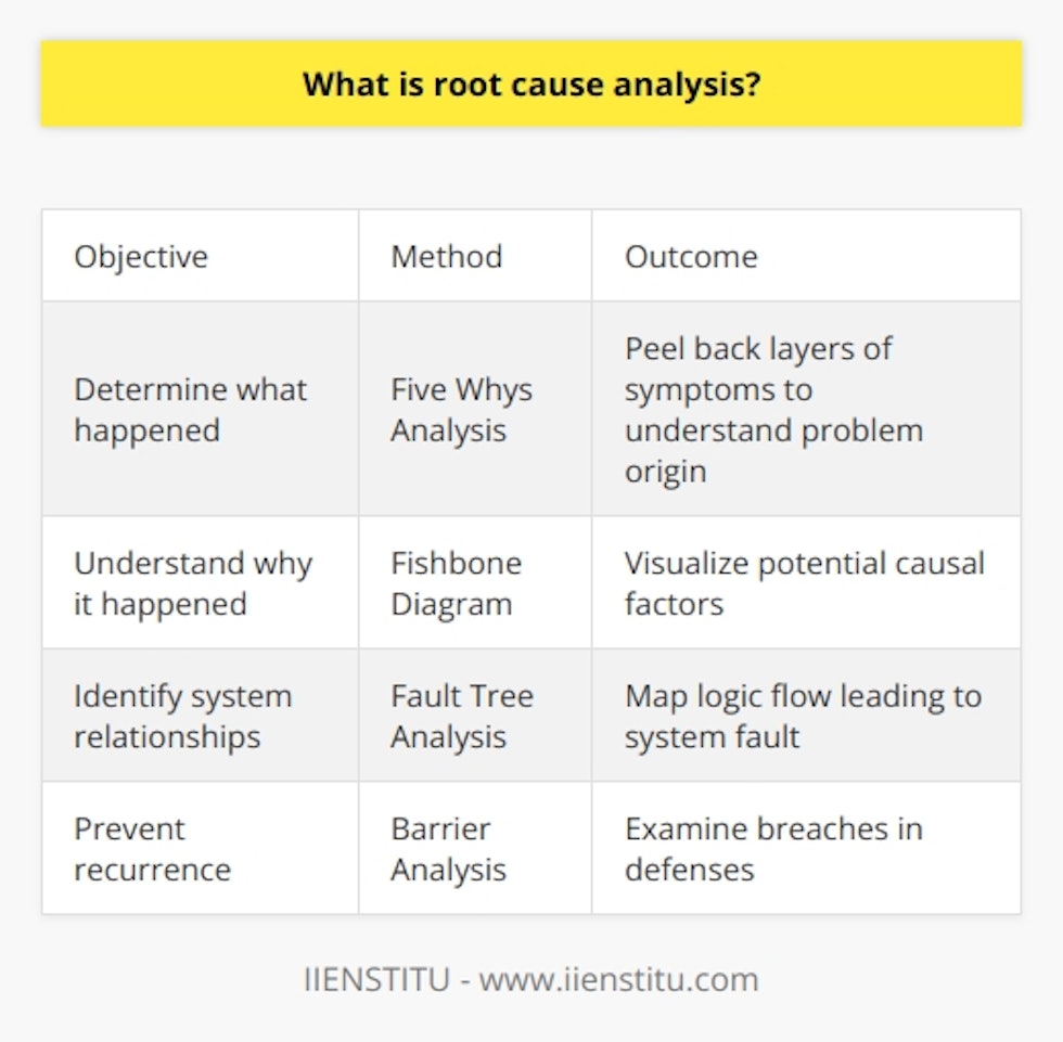 Here is a detailed content on root cause analysis:Root cause analysis (RCA) is a problem-solving methodology focused on identifying the root causes of faults or problems. The practice involves investigating beyond the obvious symptoms to uncover the major contributing factors that allowed the problem to occur. RCA is widely used in various industries such as manufacturing, healthcare, aviation, and information technology to help organizations understand the origin of process breakdowns, devise solutions, and prevent future recurrence of similar failures.The key objectives of performing root cause analysis are to determine:- What happened?- Why did it happen?  - What can be done to prevent it from happening again?RCA uses a variety of tools and techniques to explore all aspects of a problem, identify causal relationships, and drill down to the root causes. Some commonly used RCA methods include:- Five Whys - involves asking 'why' questions around 5 times to peel back layers of symptoms and understand the true origin of a problem.- Fishbone Diagram - helps visualize all potential factors causing an effect using a fishbone-like structure. Helps break down problems into categories for structured analysis. - Fault Tree Analysis - models the logic leading to the top event (fault) using standard logic symbols. Helps identify relationships between system faults and component failures.- Events and Causal Factors Analysis - identifies the events and conditions that led up to an occurrence and the systemic causes that allowed it to happen. - Barrier Analysis - examines why existing barriers or controls failed to prevent an incident. Looks at 'breaches' in defenses.A thorough root cause analysis is key for developing effective corrective actions. By targeting the root causes rather than just the symptoms, the likelihood of problem recurrence is greatly reduced. RCA brings a scientific approach to failure investigation and prevention.
