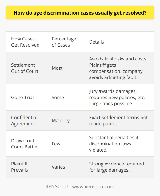 Here is some detailed content on how age discrimination cases are usually resolved:Age discrimination cases can be tricky to resolve, as they often involve complex legal issues around proving intent and damages. Most cases do not make it all the way through a full trial, but are instead settled out of court between the plaintiff and the company accused of discrimination. Settlements allow both sides to avoid the risks and costs of a lengthy trial. The plaintiff receives some amount of monetary compensation, while the company avoids having to admit fault or pay potentially larger damages set by a jury. Settlements often involve non-disclosure agreements, so the exact terms are not made public.If a case does go to trial, there are a few potential outcomes. The jury can find in favor of the plaintiff and award monetary damages. They may also prescribe certain actions the company must take, such as implementing new non-discriminatory policies, training programs, or reinstating a wrongfully terminated employee. The company can also be fined by the EEOC or other regulatory agencies if the discrimination violated labor laws. Egregious and willful violations can result in large fines in the hundreds of thousands or even millions of dollars. Ultimately, most age discrimination cases end in a confidential settlement rather than a drawn-out court battle. However, trials do occur and can result in substantial penalties for companies found to have violated age discrimination laws. Strong legal evidence and documentation is required for plaintiffs to prevail in these cases.