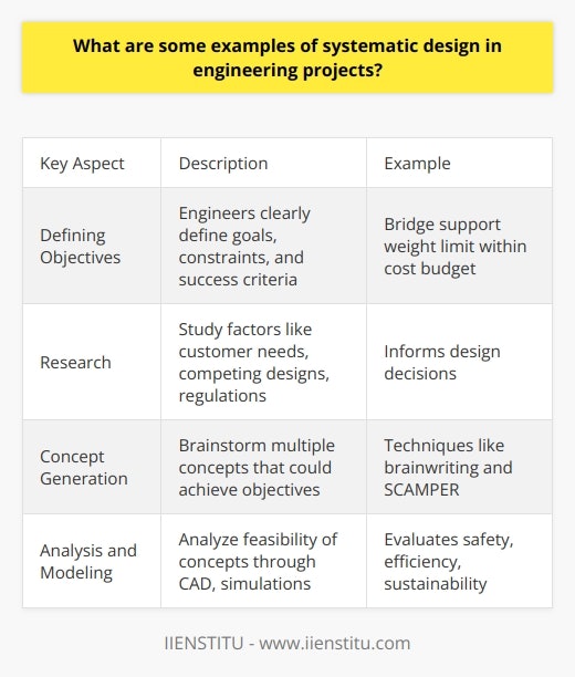 Here is some detailed content on examples of systematic design in engineering projects:Systematic design is a structured methodology engineers use to develop optimal solutions that meet project requirements. Key aspects include:Defining Objectives - Engineers start by clearly defining the goals, constraints, and criteria for success. This gives a target to design towards. For example, designing a bridge may require supporting a certain weight limit within a cost budget. Research - Extensive research is done to understand the problem space and lessons from past related projects. Engineers study factors like customer needs, competing designs, relevant regulations, and environmental conditions. This background knowledge informs design decisions.Concept Generation - Multiple concepts are brainstormed that could potentially achieve the objectives. Engineers apply creativity to explore various approaches. Effective techniques include brainwriting and SCAMPER. This divergent thinking phase aims to identify innovative possibilities.Analysis and Modeling - The feasibility of each concept is analyzed through methods like CAD models, mathematical models, simulations, and prototyping. This evaluates factors like safety, efficiency, sustainability, and manufacturability. Analysis provides data to compare options.Selection - The most promising concept that meets all requirements is selected. A Pugh matrix or weighted scoring model can systematically assess concepts against criteria. The chosen design is further developed.Iteration - There are successive cycles of testing, evaluation, and refinement to optimize the design. Engineers methodically improve the solution until all criteria are met. This may require going back to earlier stages.Documentation - Thorough documentation of the design process enables clear communication and hands-off to other engineers for implementation. All decisions are recorded.Systematic design reduces risk of failure and ensures the end product meets specifications. It is a hallmark of professional engineering practice.