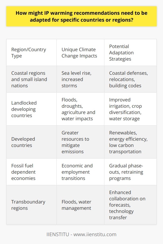 Here is some detailed content on how IPCC warming recommendations may need to be adapted for specific countries and regions:The IPCC provides general guidance on reducing greenhouse gas emissions and adapting to the impacts of climate change. However, countries and regions face unique geographic, economic, and political circumstances that require locally-tailored strategies. Coastal regions and small island nations are especially vulnerable to sea level rise and increased storm intensity. They may need to focus adaptation efforts on defending coastal settlements, managing saltwater intrusion into freshwater supplies, and potentially relocating populations. Building sea walls, enhancing natural buffers like mangroves, and improving building codes are some protective measures. Landlocked developing countries face fewer direct impacts from sea level rise but remain concerned about increased floods and droughts affecting agriculture, food security, and water resources. Improving irrigation techniques, crop diversification, and water storage infrastructure could strengthen resilience. Developed countries have greater resources to invest in renewable energy, energy efficiency, low-carbon transportation, and greenhouse gas removal technologies. Developing nations with limited budgets may initially target no-regrets strategies like preventing deforestation and switching to renewable sources that reduce energy imports.Fossil fuel-dependent economies may need gradual phase-out plans to manage the economic and employment transitions. Governments can assist through retraining programs and diversifying energy sources.Some regions already cooperate on transboundary issues like flood control and water management. Such collaboration could be expanded to include climate forecasting, technology transfer, and disaster risk reduction.While the IPCC guidelines provide the scientific basis, local social, economic, geographic and political realities determine how countries can most effectively reduce emissions and build resilience. Adaptation must be context-specific.