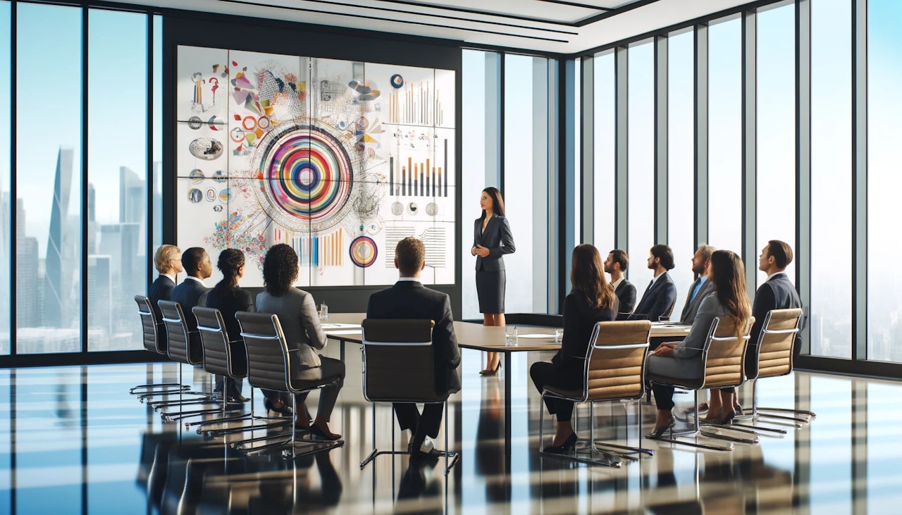 A professional setting in a modern conference room with a diverse group of business people, including Caucasian, Asian, African, and Hispanic individuals. They are engaged in a serious discussion. A middle-aged Caucasian woman stands and addresses the group, gesturing towards a large screen displaying colorful abstract graphic art, resembling an infographic with various shapes and lines. The room features sleek, contemporary furniture and large windows that offer a view of a cityscape outside. This image is in a wide 16x9 format.