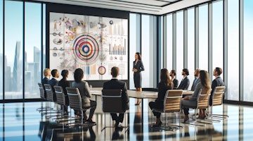 A professional setting in a modern conference room with a diverse group of business people, including Caucasian, Asian, African, and Hispanic individuals. They are engaged in a serious discussion. A middle-aged Caucasian woman stands and addresses the group, gesturing towards a large screen displaying colorful abstract graphic art, resembling an infographic with various shapes and lines. The room features sleek, contemporary furniture and large windows that offer a view of a cityscape outside. This image is in a wide 16x9 format.