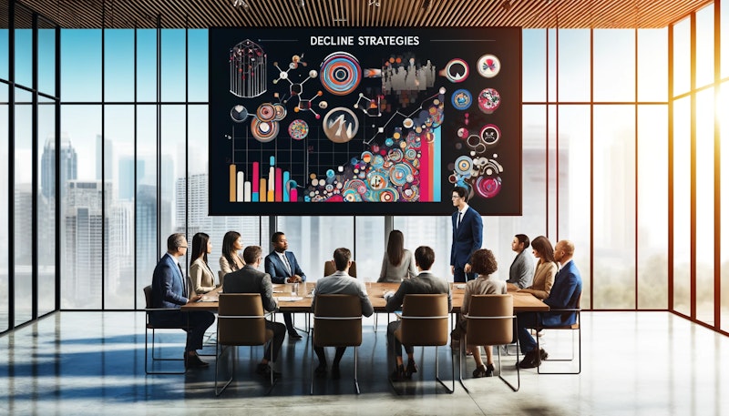 A professional office environment with a diverse group of business people, including Caucasian, Asian, African, and Hispanic individuals, gathered around a modern conference table. An Asian male stands and gestures towards a large screen displaying abstract graphic art. The art resembles a colorful infographic with various shapes and lines indicating strategies for declining invitations. The room is stylish, featuring contemporary decor and large windows that show a cityscape outside. This image is in a wide 16x9 format.