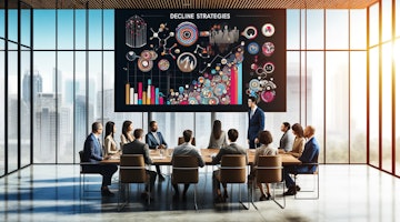 A professional office environment with a diverse group of business people, including Caucasian, Asian, African, and Hispanic individuals, gathered around a modern conference table. An Asian male stands and gestures towards a large screen displaying abstract graphic art. The art resembles a colorful infographic with various shapes and lines indicating strategies for declining invitations. The room is stylish, featuring contemporary decor and large windows that show a cityscape outside. This image is in a wide 16x9 format.