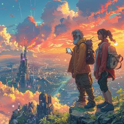 Visualize a dynamic and inspiring scene that encapsulates the theme 'Dream Big, Achieve Bigger: Aspirations Unleashed'. In the foreground, feature a diverse group of individuals (a young African-American woman, an elderly Asian man, and a middle-aged Hispanic woman) all looking determined and hopeful, standing on top of a hill with their eyes fixed on a distant horizon. The horizon should depict a cityscape where traditional buildings blend with futuristic structures, symbolizing a blend of reality and visionary achievements. The sky is a canvas of dawn, with vibrant orange and pink hues, suggesting the beginning of a new day filled with possibilities. Each individual should be interacting with symbols of their dreams: the young woman holds a miniature globe, the elderly man a book, and the middle-aged woman a digital tablet displaying charts. The scene conveys a sense of unity, ambition, and the limitless potential of human aspiration.
