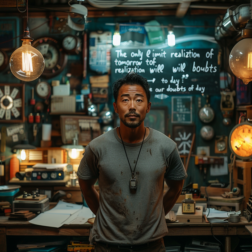 Create an inspiring image of a person in the early stages of launching a business, experiencing setbacks and challenges in a cluttered, dimly lit workshop. The person, a middle-aged Asian male with short black hair and wearing a simple grey t-shirt, stands pensively amidst scattered papers and models of his products. The workshop's walls are adorned with motivational quotes, including one prominently displayed: "The only limit to our realization of tomorrow will be our doubts of today" by Franklin D. Roosevelt. The setting should evoke a sense of determination and the early, tough days of entrepreneurship, emphasizing a growth mindset with visual elements that symbolize development and resilience.