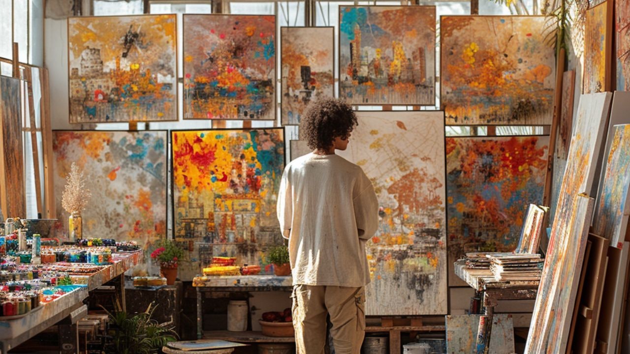 The image features a young artist in their mid-20s, of Middle Eastern descent, with curly black hair and wearing casual, vibrant clothes. They are standing in a spacious, sunlit art studio surrounded by large canvases, some of which are colorful abstract paintings and others are realistic landscapes. The artist is intently painting on a canvas that illustrates a dream-like cityscape with surreal elements, blending the borders between imagination and reality. The studio has wide windows showing a city skyline in the distance, suggesting the transition from the artist's inner world of dreams to the tangible outer world of achievements. The atmosphere is one of creativity, determination, and inspiration.