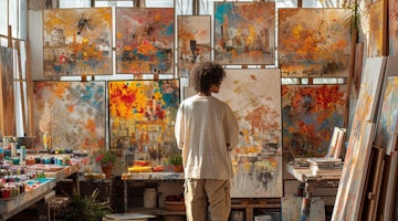 The image features a young artist in their mid-20s, of Middle Eastern descent, with curly black hair and wearing casual, vibrant clothes. They are standing in a spacious, sunlit art studio surrounded by large canvases, some of which are colorful abstract paintings and others are realistic landscapes. The artist is intently painting on a canvas that illustrates a dream-like cityscape with surreal elements, blending the borders between imagination and reality. The studio has wide windows showing a city skyline in the distance, suggesting the transition from the artist's inner world of dreams to the tangible outer world of achievements. The atmosphere is one of creativity, determination, and inspiration.