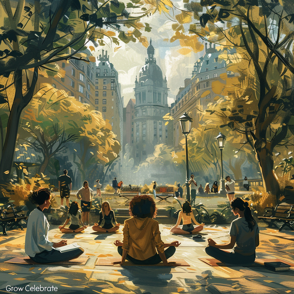 The image should feature a diverse group of people in a sunlit, open space, perhaps in a park or on a city rooftop, each engaged in different activities that symbolize their unique dreams and aspirations. One person might be sketching in a notebook, another practicing yoga, a third person could be reading a book, and a fourth enthusiastically planning a route on a map. They are all surrounded by soft, ethereal light that represents positivity and belief in oneself. In the background, motivational words like "Believe", "Act", "Grow", and "Celebrate" are subtly integrated into the environment, such as written in the sky, on the pages of a book, or on the leaves of trees. The atmosphere should be uplifting and serene, conveying a sense of potential and the joy of pursuing personal goals.