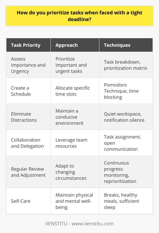 Prioritizing tasks when faced with a tight deadline requires a systematic approach to ensure timely completion. First, assess the importance and urgency of each task, considering their impact on the overall project. Tasks that are both important and urgent should be given the highest priority. Next, break down larger tasks into smaller, manageable subtasks to make them less daunting. This will help you focus on specific actions and track your progress more effectively. Create a Schedule Create a schedule that allocates specific time slots for each task based on their priority. Use time management techniques like the Pomodoro Technique to maintain focus and avoid procrastination. This involves working in focused 25-minute intervals followed by short breaks. Consistently monitor your progress and adjust your schedule if necessary to ensure you stay on track. Eliminate Distractions Eliminate distractions to maintain a high level of productivity. Find a quiet workspace, silence notifications, and limit interruptions. Communicate your availability to colleagues and family members to minimize unnecessary disruptions. By creating an environment conducive to concentration, you can tackle your tasks more efficiently. Collaborate and Delegate Collaborate with team members and delegate tasks when appropriate. Identify tasks that can be assigned to others based on their skills and availability. Effective delegation allows you to focus on high-priority tasks while ensuring that other responsibilities are still being addressed. Maintain open communication with your team to ensure everyone is aware of their roles and deadlines. Regularly Review and Adjust Regularly review your progress and adjust your priorities as needed. Unexpected challenges or changes in requirements may arise, requiring you to adapt your plan. Be flexible and willing to make adjustments to ensure the most critical tasks are completed on time. Continuously assess the impact of each task on the overall project and make informed decisions based on the current situation. Take Care of Yourself Finally, remember to take care of yourself during periods of high stress and tight deadlines. Prioritize self-care activities like regular breaks, healthy meals, and sufficient sleep. Maintaining your physical and mental well-being will help you stay focused, productive, and better equipped to handle the challenges of meeting your deadlines. By following these strategies, you can effectively prioritize tasks, manage your time, and increase your chances of successfully meeting tight deadlines. Remember, organization, focus, and adaptability are key to navigating high-pressure situations and delivering quality work on time.
