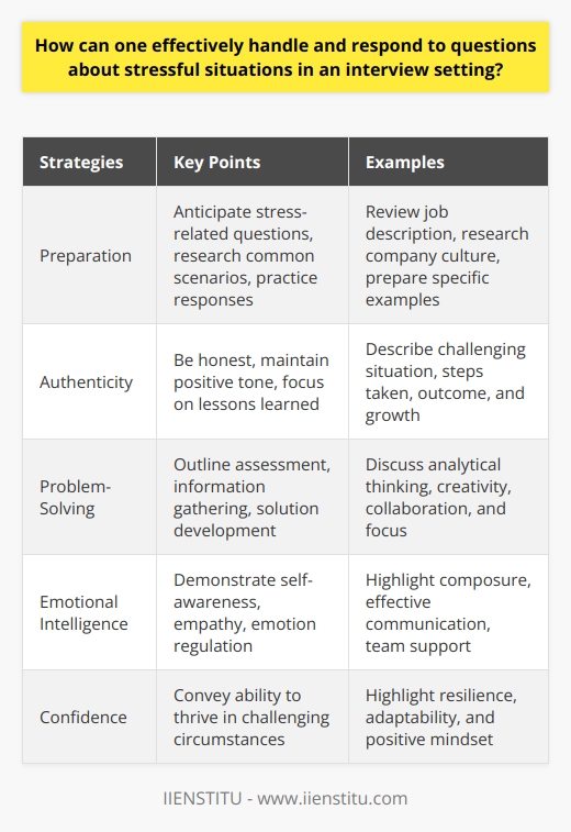 Handling and responding to questions about stressful situations in an interview setting requires preparation, self-awareness, and effective communication strategies. To effectively address such questions, one should first reflect on their past experiences and identify specific instances where they navigated challenging circumstances. This introspection allows the interviewee to develop a clear understanding of their own stress management techniques and problem-solving approaches. Preparing for Stress-Related Interview Questions Before the interview, it is crucial to anticipate potential questions related to stressful situations and prepare thoughtful responses. Research common stress-related interview questions and practice articulating concise, meaningful answers that showcase your ability to handle pressure. Focus on highlighting your strengths, such as adaptability, resilience, and effective communication skills, which are essential in managing stressful situations. Crafting Authentic and Positive Responses When answering questions about stressful situations, be honest and authentic while maintaining a positive tone. Share specific examples of how you successfully navigated challenging circumstances in the past, emphasizing the lessons learned and the skills you developed as a result. Use clear, concise language and avoid dwelling on negative aspects of the situation. Instead, focus on the proactive steps you took to resolve the issue and the positive outcomes that followed. Demonstrating Problem-Solving Skills Interviewers often ask about stressful situations to gauge a candidates problem-solving abilities. When discussing a challenging scenario, outline the steps you took to assess the situation, gather relevant information, and develop a solution. Highlight your analytical thinking, creativity, and ability to work well under pressure. Emphasize how you collaborated with others, sought guidance when needed, and remained focused on finding a resolution. Showcasing Emotional Intelligence Emotional intelligence plays a significant role in managing stress and navigating complex situations. During the interview, demonstrate your self-awareness, empathy, and ability to regulate your emotions. Discuss how you maintain composure in high-pressure environments, communicate effectively with others, and foster a positive team dynamic. Provide examples of how you have supported colleagues or contributed to a resilient and adaptable work culture. Concluding Thoughts By preparing thoroughly, crafting authentic responses, showcasing problem-solving skills, and demonstrating emotional intelligence, you can effectively handle and respond to questions about stressful situations in an interview setting. Remember to remain confident, maintain a positive attitude, and convey your ability to thrive in challenging circumstances. By doing so, you will leave a lasting impression on the interviewer and increase your chances of success in the job search process.