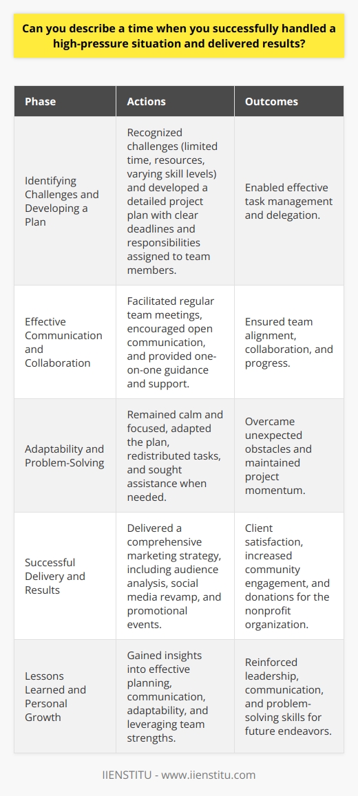 One instance where I successfully navigated a high-pressure situation and achieved desired outcomes was during my senior year capstone project. As the team lead, I was responsible for coordinating a group of five students to develop a comprehensive marketing strategy for a local nonprofit organization within a tight two-month timeframe. Identifying Challenges and Developing a Plan I recognized the numerous challenges we faced, including limited time, resources, and varying skill levels among team members. To address these issues, I quickly developed a detailed project plan that broke down the larger task into smaller, manageable steps with clear deadlines and responsibilities assigned to each team member. Effective Communication and Collaboration I facilitated regular team meetings to ensure everyone was on the same page and making progress. During these meetings, I encouraged open communication, allowing team members to voice concerns, share ideas, and collaborate effectively. I also made myself available for one-on-one discussions to provide guidance and support when needed. Adaptability and Problem-Solving Throughout the project, we encountered several unexpected obstacles, such as a team member falling ill and difficulty accessing essential data. I remained calm and focused, quickly adapting our plan and redistributing tasks to ensure we stayed on track. I also reached out to our professor and the nonprofit organization for assistance when necessary, demonstrating resourcefulness and a proactive approach to problem-solving. Successful Delivery and Results Despite the challenges, we successfully delivered a comprehensive marketing strategy to the nonprofit organization before the deadline. Our plan included a detailed analysis of their target audience, a revamped social media presence, and a series of cost-effective promotional events. The organization was extremely satisfied with our work and implemented several of our recommendations, resulting in increased community engagement and donations. Lessons Learned and Personal Growth This experience taught me the importance of effective planning, communication, and adaptability when working under pressure. I learned to break down complex tasks, delegate responsibilities, and leverage the strengths of each team member. Additionally, I discovered the value of remaining calm and focused in the face of adversity, as well as the importance of seeking help when needed. In conclusion, successfully handling this high-pressure situation not only allowed me to deliver excellent results but also contributed to my personal and professional growth. It reinforced my ability to lead, communicate, and problem-solve effectively, skills that I continue to apply in my current role and future endeavors.
