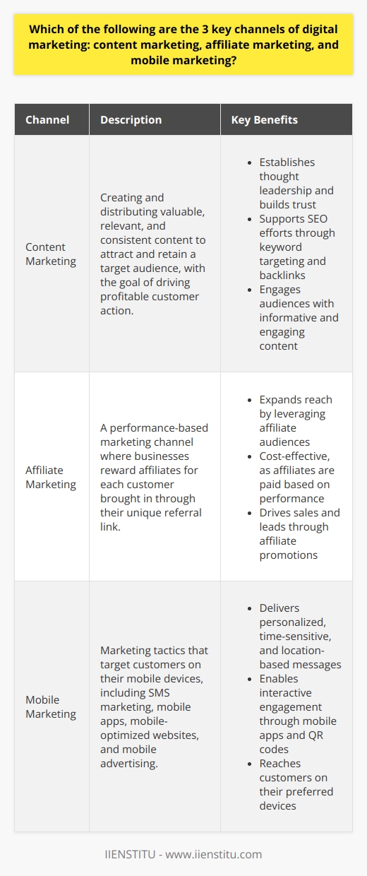 Content marketing, affiliate marketing, and mobile marketing are indeed three key channels of digital marketing. Each channel offers unique opportunities to reach and engage target audiences effectively. Lets explore each of these channels in more detail. Content Marketing Content marketing involves creating and distributing valuable, relevant, and consistent content to attract and retain a clearly defined audience. The ultimate goal is to drive profitable customer action. Content can take many forms, such as blog posts, videos, podcasts, infographics, and more. By providing informative and engaging content, businesses can establish themselves as thought leaders in their industry. This helps build trust and credibility with potential customers. Additionally, content marketing supports SEO efforts by providing opportunities to target relevant keywords and earn valuable backlinks. Affiliate Marketing Affiliate marketing is a performance-based marketing channel where businesses reward affiliates for each customer brought in through their unique referral link. Affiliates can be bloggers, influencers, or even other businesses that promote products or services to their audience. This channel allows businesses to expand their reach by leveraging the audiences of their affiliates. It also provides a cost-effective way to drive sales, as affiliates are only paid when they generate a desired action, such as a sale or lead. Benefits of Affiliate Marketing    Mobile Marketing With the widespread adoption of smartphones and tablets, mobile marketing has become a crucial channel for reaching customers. Mobile marketing encompasses various tactics, such as SMS marketing, mobile apps, mobile-optimized websites, and mobile advertising. By targeting customers on their mobile devices, businesses can deliver personalized, time-sensitive, and location-based messages. This allows for more targeted and effective marketing campaigns. Additionally, mobile marketing provides opportunities for interactive engagement, such as through mobile apps or QR codes. Mobile Marketing Tactics     Integrating Digital Marketing Channels While content marketing, affiliate marketing, and mobile marketing are distinct channels, they work best when integrated into a comprehensive digital marketing strategy. By leveraging the strengths of each channel and ensuring consistent messaging across all touchpoints, businesses can maximize their impact and drive better results. For example, a business could create valuable content to attract and engage potential customers, use affiliate marketing to expand their reach, and then deliver targeted mobile messages to drive conversions. By using data and insights gathered from each channel, businesses can continually refine their strategies and optimize their performance over time.