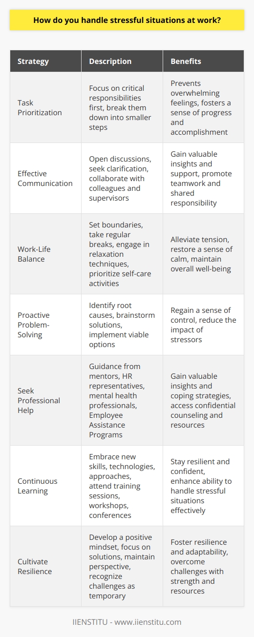 Handling stressful situations at work is a crucial skill for maintaining productivity and well-being in the workplace. There are several strategies that individuals can employ to effectively manage stress and navigate challenging circumstances. One approach is to prioritize tasks and focus on the most critical responsibilities first, breaking them down into smaller, manageable steps. This helps to prevent overwhelming feelings and enables a sense of progress and accomplishment. Effective Communication and Support Another key aspect of handling stress at work is effective communication with colleagues and supervisors. By openly discussing concerns, seeking clarification, and collaborating with others, individuals can gain valuable insights and support. Building strong professional relationships fosters a sense of teamwork and shared responsibility, reducing the burden on any single person. Maintaining Work-Life Balance Maintaining a healthy work-life balance is also essential for managing stress in the workplace. Setting clear boundaries between work and personal time, taking regular breaks, and engaging in relaxation techniques such as deep breathing or meditation can help alleviate tension and restore a sense of calm. It is important to prioritize self-care activities, such as exercise, hobbies, and spending time with loved ones, to recharge and maintain overall well-being. Proactive Problem-Solving When faced with stressful situations, adopting a proactive problem-solving approach can be highly effective. This involves identifying the root cause of the stress, brainstorming potential solutions, and implementing the most viable option. By taking action and addressing issues head-on, individuals can regain a sense of control and reduce the impact of stressors. Seeking Professional Help In some cases, stress at work may become overwhelming and require additional support. Seeking guidance from a trusted mentor, human resources representative, or mental health professional can provide valuable insights and coping strategies. Many organizations offer employee assistance programs (EAPs) that provide confidential counseling and resources to help individuals navigate work-related challenges. Continuous Learning and Adaptability Continuously learning and adapting to change is crucial for handling stress in the ever-evolving workplace. Embracing new skills, technologies, and approaches can help individuals stay resilient and confident in the face of uncertainty. Attending training sessions, workshops, or conferences can provide opportunities for growth and development, enhancing ones ability to handle stressful situations effectively. Cultivating Resilience Ultimately, cultivating resilience is key to successfully navigating stressful situations at work. This involves developing a positive mindset, focusing on solutions rather than problems, and maintaining perspective. Recognizing that challenges are temporary and that one has the strength and resources to overcome them can foster a sense of resilience and adaptability. By implementing these strategies and prioritizing self-care, individuals can effectively handle stressful situations at work, maintain their well-being, and contribute to a positive and productive work environment.