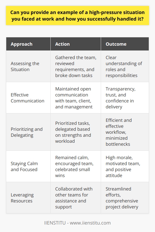 In my previous role as a project manager, I encountered a high-pressure situation when a crucial deadline was suddenly moved up by two weeks. The client had changed their requirements at the last minute, leaving our team scrambling to adapt. I knew that we would need to work efficiently and collaboratively to meet the new deadline without compromising the quality of our deliverables. Assessing the Situation I quickly gathered my team to assess the situation and determine the best course of action. We reviewed the revised requirements and broke down the remaining tasks into smaller, manageable chunks. I assigned each team member specific responsibilities based on their strengths and expertise, ensuring that everyone had a clear understanding of their role in meeting the new deadline. Effective Communication Effective communication was key to successfully handling this high-pressure situation. I maintained open lines of communication with my team, the client, and upper management. I provided regular progress updates to all stakeholders, ensuring that everyone was informed of our progress and any potential obstacles. This transparency helped build trust and confidence in our ability to deliver the project on time. Prioritizing and Delegating To ensure that we met the new deadline, I prioritized tasks based on their importance and dependencies. I delegated tasks to team members best suited to handle them, taking into account their workload and skill set. This approach allowed us to work efficiently and effectively, minimizing bottlenecks and ensuring that everyone was contributing to the best of their abilities. Staying Calm and Focused Throughout the high-pressure situation, I remained calm and focused. I encouraged my team to do the same, reminding them that we had the skills and expertise to overcome this challenge. I led by example, maintaining a positive attitude and celebrating small victories along the way. This helped keep morale high and motivated the team to push through the difficult times. Leveraging Resources To further support my team, I leveraged additional resources when necessary. I reached out to other departments for assistance, such as the design team for help with graphics and the quality assurance team for expedited testing. By collaborating with other teams, we were able to streamline our efforts and ensure that all aspects of the project were addressed in a timely manner. The Successful Outcome Through effective planning, communication, and teamwork, we successfully met the revised deadline. The client was impressed with our ability to adapt to their changing requirements and deliver a high-quality product. This experience strengthened my leadership skills and reinforced the importance of staying calm, focused, and proactive in high-pressure situations. In conclusion, successfully handling a high-pressure situation at work requires a combination of effective planning, communication, and leadership. By breaking down tasks, delegating responsibilities, and maintaining open lines of communication, I was able to lead my team through a challenging situation and deliver a successful outcome. This experience has served as a valuable lesson in managing high-pressure situations and has helped me grow as a leader in my field.