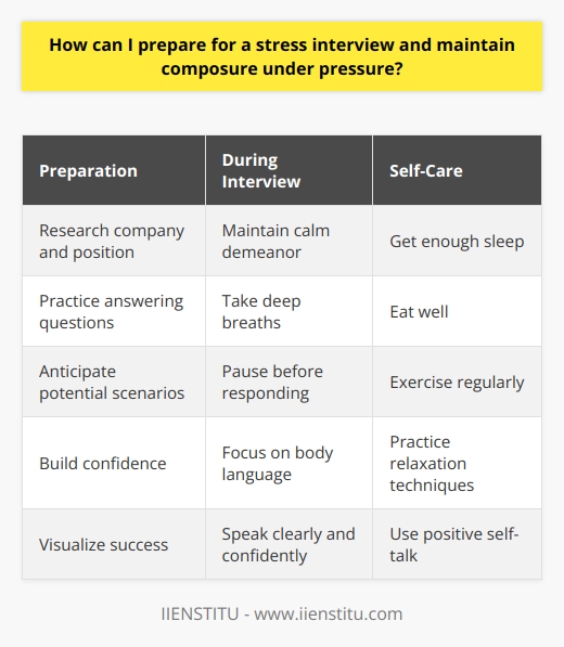 Preparing for a stress interview requires a combination of mental preparation, practice, and self-care techniques. First, research the company and the position to anticipate potential questions and scenarios. This will help you feel more confident and prepared during the interview. Practice answering common interview questions, such as  Tell me about yourself  and  What are your strengths and weaknesses?  with a friend or family member to get comfortable with the format. Techniques for Maintaining Composure During the interview, focus on maintaining a calm and composed demeanor. Take deep breaths and remind yourself that the interviewers goal is to assess your ability to handle pressure, not to make you feel uncomfortable. If you find yourself getting flustered, take a moment to collect your thoughts before responding. Its okay to pause and think before answering a question. Body Language and Communication Pay attention to your body language and nonverbal communication. Sit up straight, make eye contact, and smile when appropriate. Speak clearly and confidently, even if you feel nervous. If you dont understand a question, ask for clarification rather than trying to guess what the interviewer wants to hear. Staying Positive and Focused Remember to stay positive throughout the interview, even if the questions become challenging. Focus on highlighting your strengths and accomplishments, and provide specific examples to support your answers. If you make a mistake or stumble over your words, dont dwell on it. Acknowledge it briefly and move on to the next question. Self-Care and Stress Management In the days leading up to the interview, prioritize self-care and stress management. Get plenty of sleep, eat well, and exercise regularly to help reduce stress and improve your overall well-being. Practice relaxation techniques, such as deep breathing or meditation, to help calm your nerves. Visualization and Positive Self-Talk Use visualization techniques to imagine yourself succeeding in the interview. Picture yourself answering questions confidently and making a great impression on the interviewer. Engage in positive self-talk, reminding yourself of your strengths and accomplishments. Believe in yourself and your ability to handle whatever challenges come your way. Post-Interview Reflection After the interview, take time to reflect on your performance. Identify areas where you excelled and areas where you could improve. Use this feedback to prepare for future interviews and continue developing your skills. By following these strategies and techniques, you can effectively prepare for a stress interview and maintain composure under pressure. Remember, the key is to stay calm, focused, and confident in your abilities. With practice and preparation, you can successfully navigate even the most challenging interview situations.