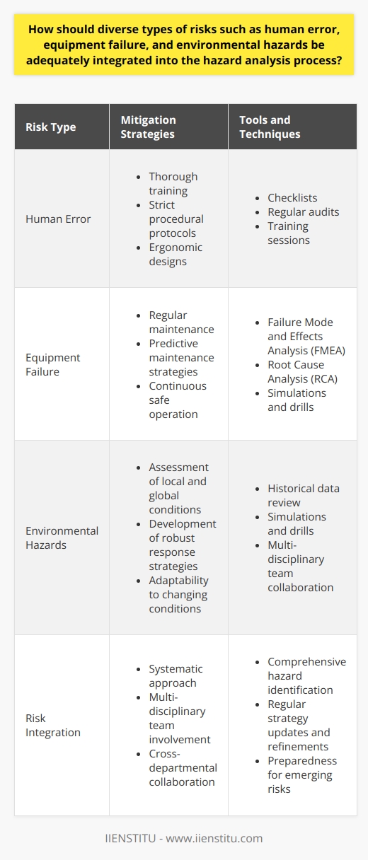 Understanding Risk Integration in Hazard Analysis Hazard analysis forms a crucial part of safety management. It demands an understanding of various risks. These include human error, equipment failure, and environmental hazards. Integrating these risk types can seem complex. Yet, it is essential for thorough safety assessments. Identifying and Categorizing Risks Identification  stands as the first step. Not all risks are equal. They vary in nature and impact. Classifying risks aids in their effective management. Employ a categorization system. This should reflect the unique characteristics of each risk type. Assessing the Likelihood and Severity Each risk carries its likelihood and potential severity. Assess these aspects rigorously. Tools such as Failure Mode and Effects Analysis (FMEA) can help. So can Root Cause Analysis (RCA). These help quantify and prioritize risks. Human Error Human error is unpredictable. Yet, it is one of the most common risk sources. Use thorough training to mitigate it. Implement strict procedural protocols. Adopt ergonomic designs. They reduce the chances of errors. Equipment Failure Reliable equipment is non-negotiable. Regular maintenance plays a key role. Implement predictive maintenance strategies. They can forecast potential failures. This limits unscheduled downtimes. It ensures continuous safe operation. Environmental Hazards Environmental risks require special attention. Assess local and global environmental conditions. Understand how they can affect operations. Develop response strategies. They should be robust and adaptive to changing conditions. Integrating Risk in the Hazard Analysis Process Integrate risks through a systematic approach. Employ a multi-disciplinary team. They should have varied skills and knowledge. Collaborate across departments. This ensures comprehensive hazard identification. - Use checklists - Conduct regular audits - Hold training sessions - Review historical data - Conduct simulations and drills Conclusion A well-integrated hazard analysis saves lives. It protects equipment and the environment. It requires effort and commitment. The benefits, however, are immeasurable. Always update and refine your strategies. Stay prepared for emerging risks. Safety is an ongoing journey.
