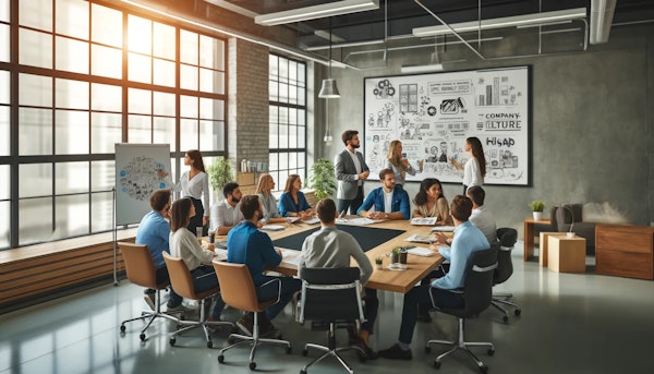 Modern bir ofis ortamında, çeşitli çalışan grupları bir konferans masasının etrafında toplanmış. Şirket kültürü hakkında bir beyaz tahta üzerinde diyagramlar ve notlar ile tartışma yapıyorlar. Oda, büyük pencerelerden gelen doğal ışıkla aydınlık. Atmosfer işbirlikçi ve enerjik, pozitif ve kapsayıcı bir şirket kültürünü yansıtıyor. Ortam profesyonel ama rahat, rahat koltuklar ve duvarlarda motivasyon posterleri bulunuyor