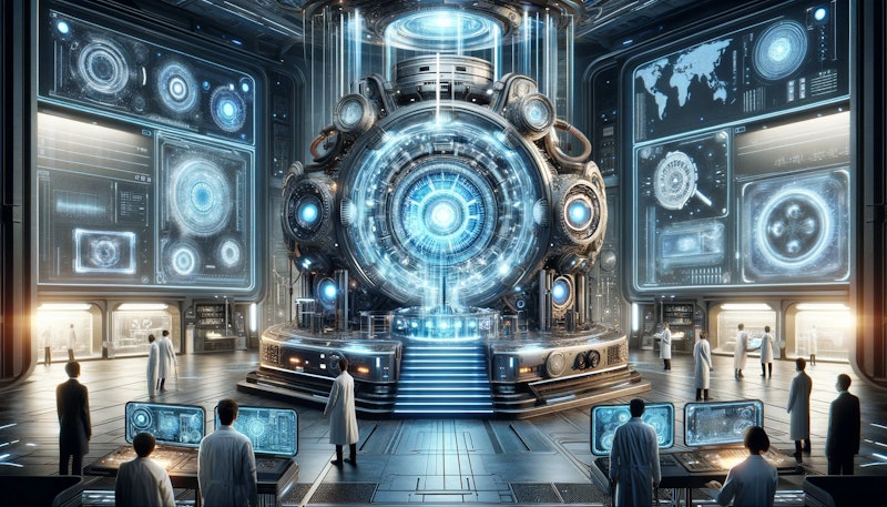 Fütüristik bir laboratuvarda, zamanda yolculuğu simgeleyen detaylı bir sahne. Ortada, mavi bir aura yayan karmaşık bir zaman makinesi yer alıyor. Modern laboratuvar önlükleri giymiş bilim insanları, makinenin etrafında çalışarak holografik ekranlarda verileri analiz ediyorlar. Arka planda, geçmişe ve geleceğe ait unsurlar, antik eserler ve ileri teknolojiler, uyum içinde bir arada bulunuyor. Sahne, gizem ve heyecan dolu bir atmosfer sunuyor.