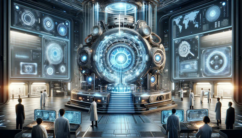 Fütüristik bir laboratuvarda, zamanda yolculuğu simgeleyen detaylı bir sahne. Ortada, mavi bir aura yayan karmaşık bir zaman makinesi yer alıyor. Modern laboratuvar önlükleri giymiş bilim insanları, makinenin etrafında çalışarak holografik ekranlarda verileri analiz ediyorlar. Arka planda, geçmişe ve geleceğe ait unsurlar, antik eserler ve ileri teknolojiler, uyum içinde bir arada bulunuyor. Sahne, gizem ve heyecan dolu bir atmosfer sunuyor.