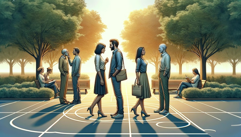 Görselde, dört yetişkin bir parkta çeşitli mesafelerde iletişim kurarken gösterilmektedir. Ön planda, bir çift yakın ve samimi bir şekilde konuşurken, diğer çift daha rahat bir mesafede sohbet etmektedir. Arka planda ağaçlar ve yürüyüş yolu bulunan bu sahne, kamu alanında kişisel alanın ve mesafenin iletişim üzerindeki etkisini vurgulamaktadır.